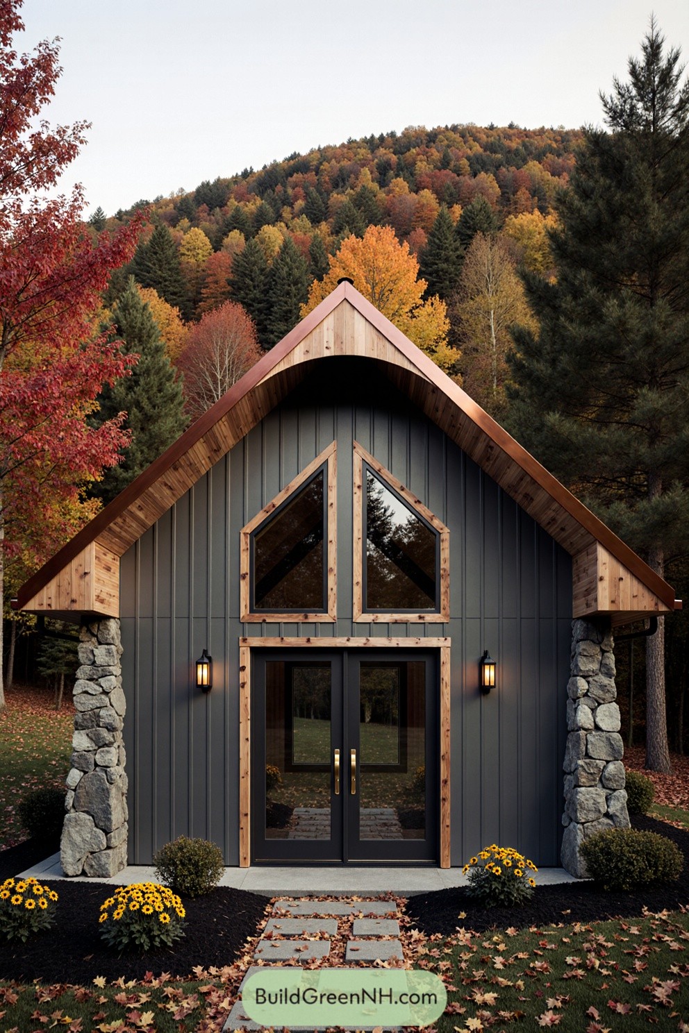Charming modern cabin set against a backdrop of vibrant fall foliage