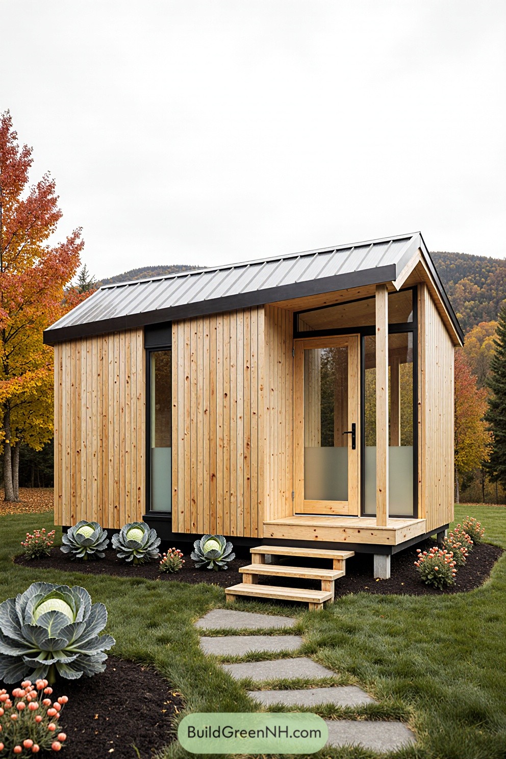 Modern cabin surrounded by colorful autumn foliage
