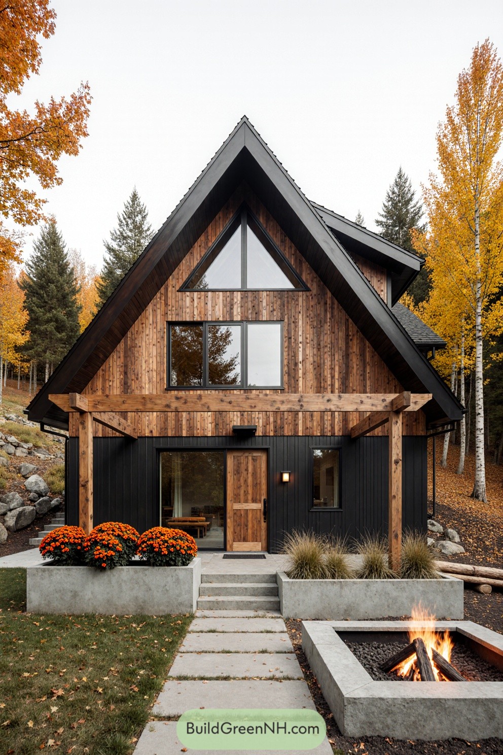 Modern cabin surrounded by autumn trees, featuring a wooden facade and outdoor firepit
