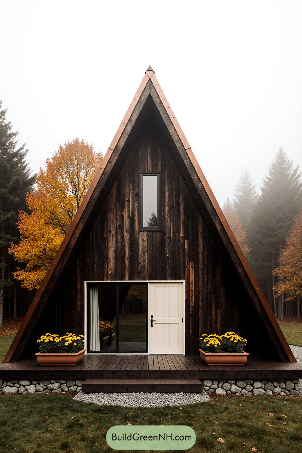 Modern A-frame cabin with autumn trees