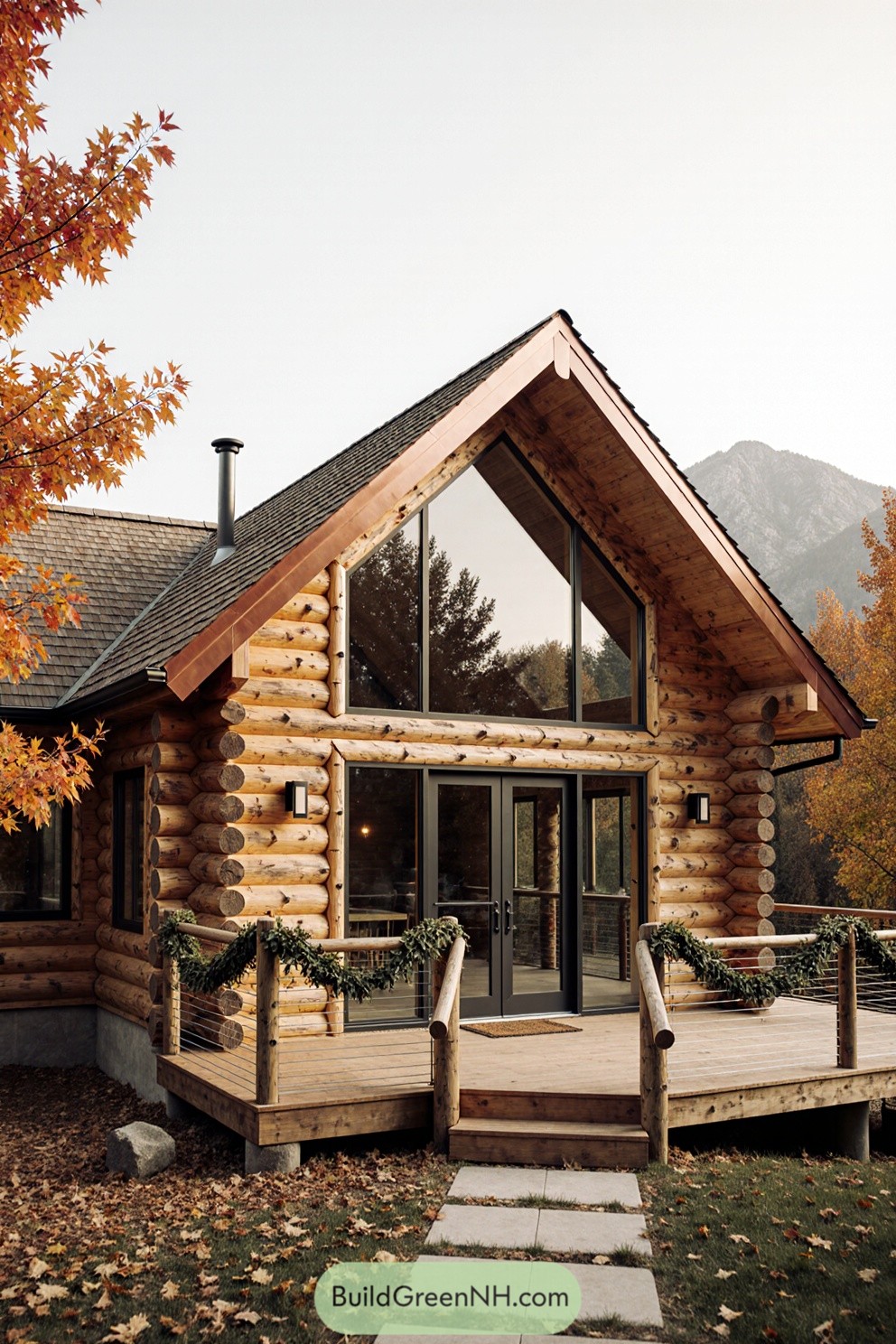Wooden log cabin surrounded by autumn foliage