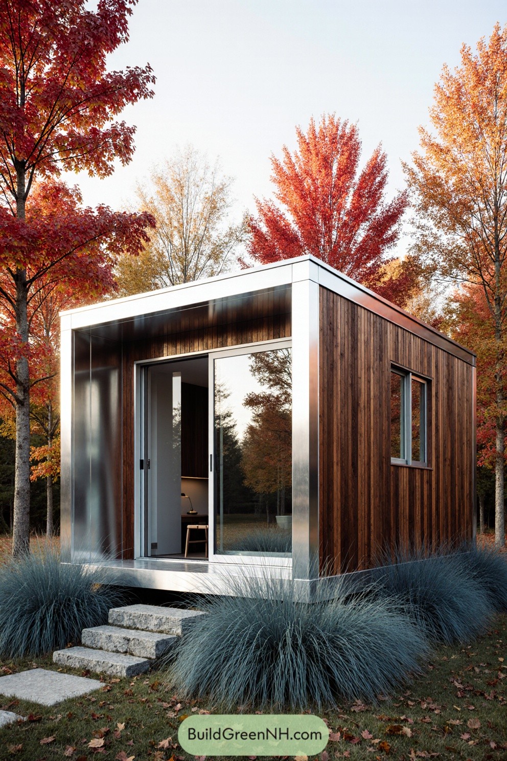 Small modern cabin with wooden exterior surrounded by autumn trees