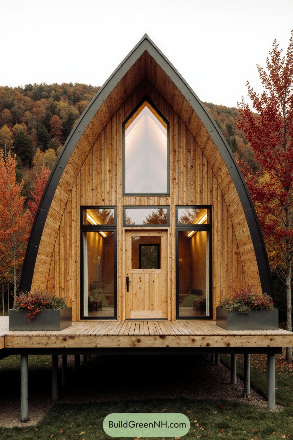 Quaint modern cabin surrounded by fall foliage