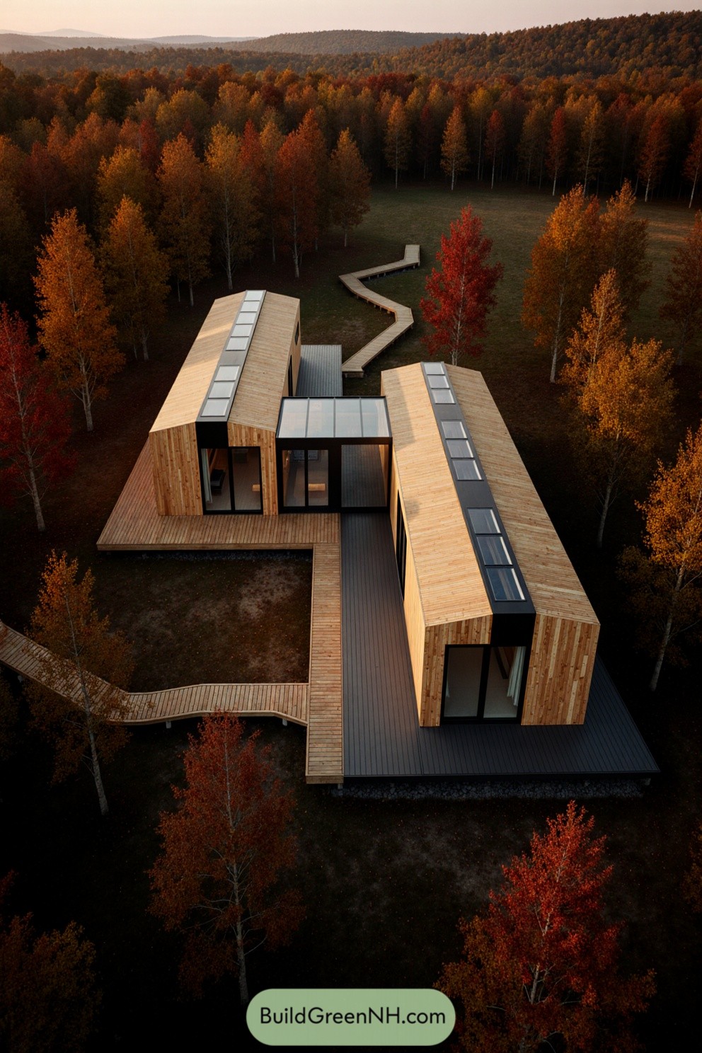 Modern cabin with wooden decking surrounded by autumn trees