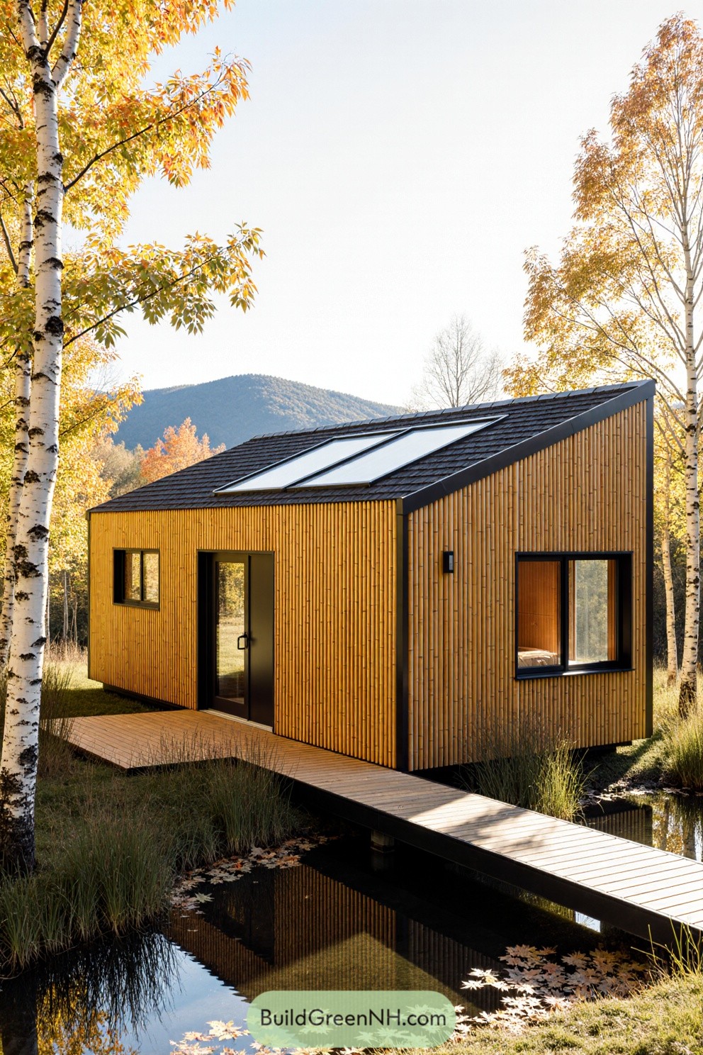 Modern cabin nestled among birch trees in autumn