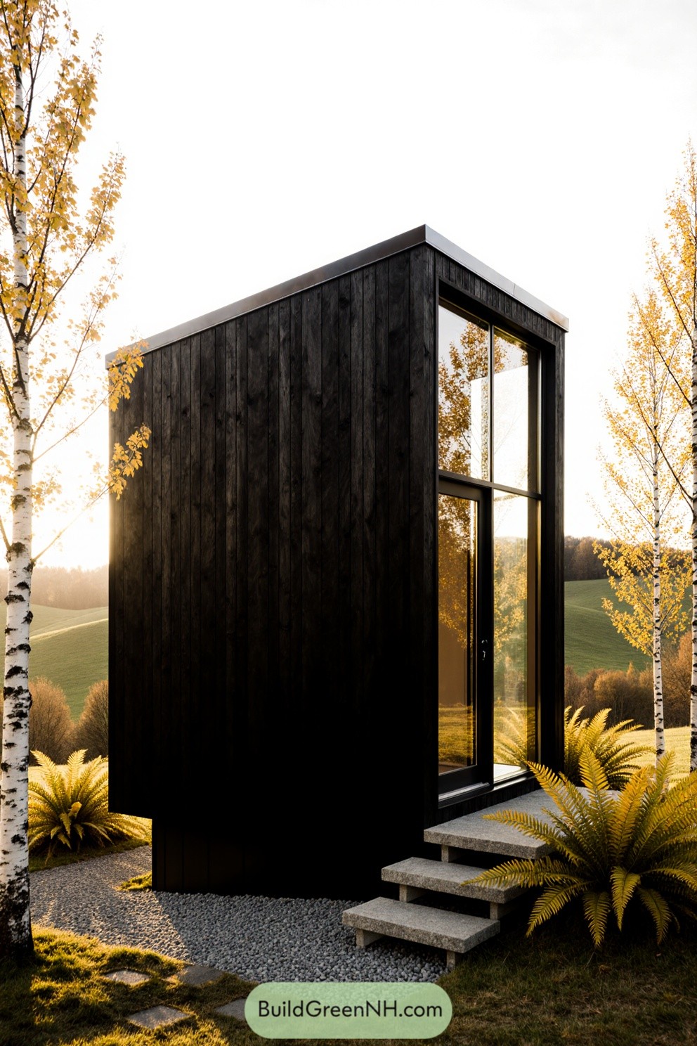 Minimalist black cabin surrounded by autumn trees