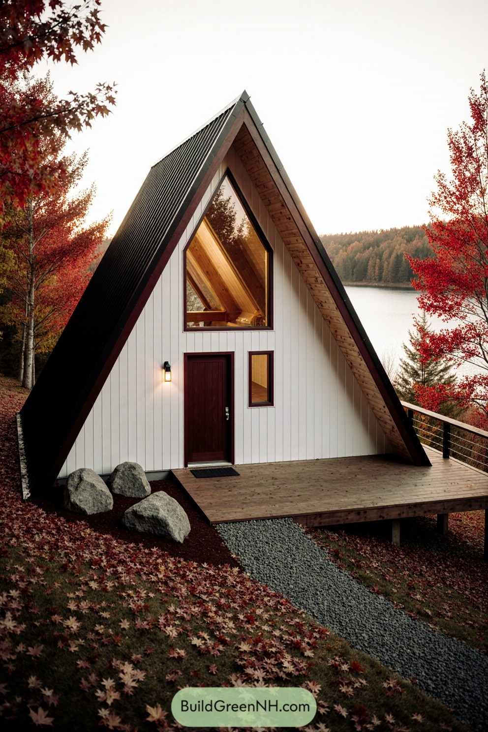 A-frame cabin nestled among autumn trees by a lake