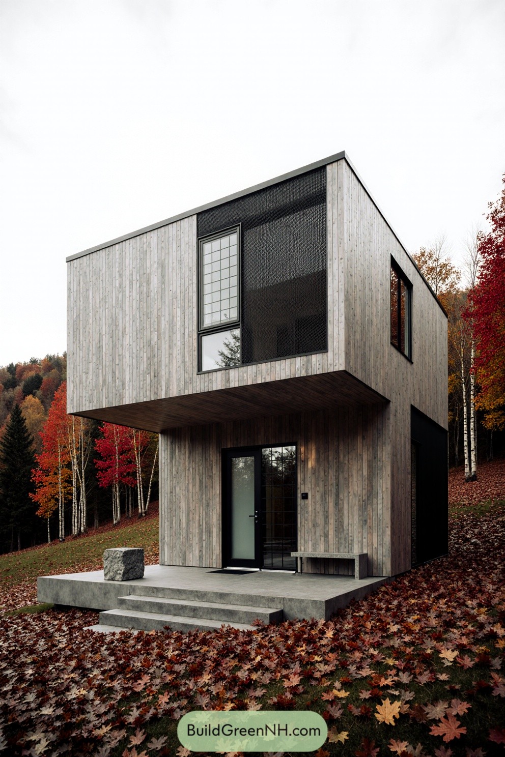 Modern cabin with sleek lines set against autumn colors