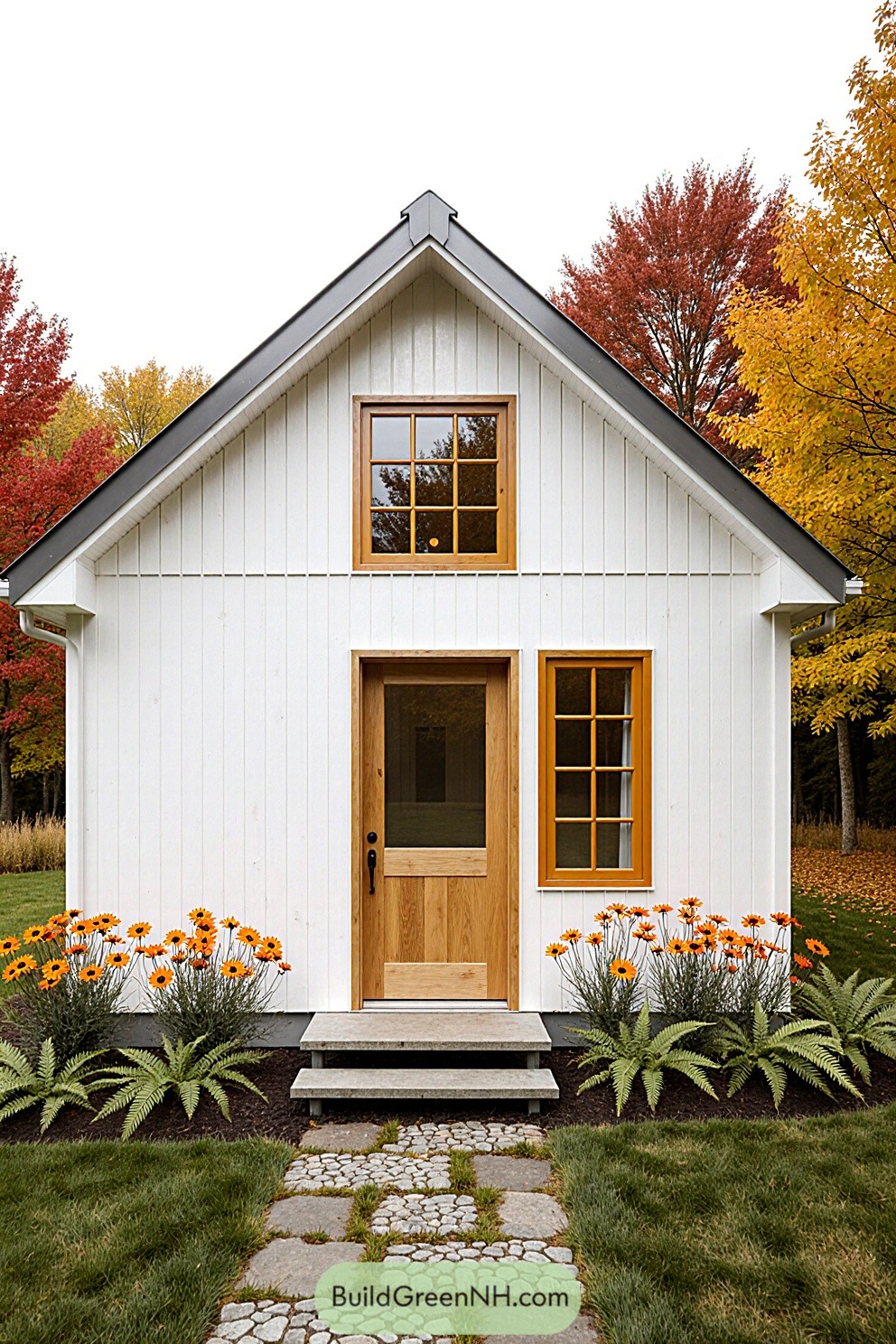 Small white cabin with a gabled roof framed by colorful fall foliage