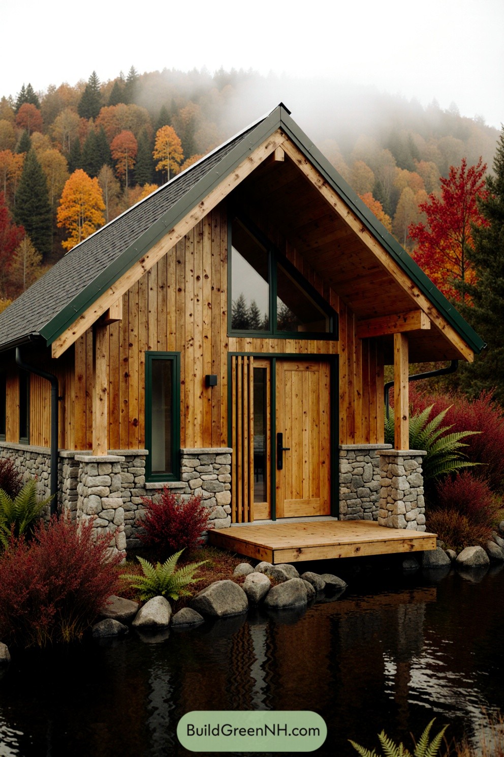 Cozy cabin surrounded by fall foliage