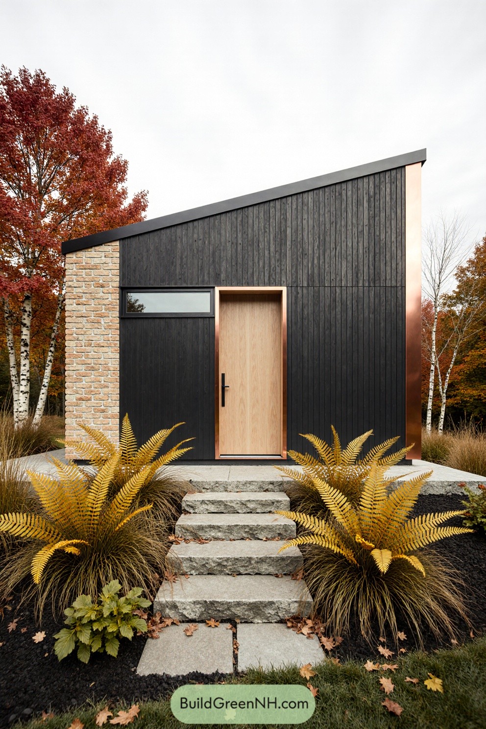 Modern cabin with dark wood siding and copper accents surrounded by autumn foliage