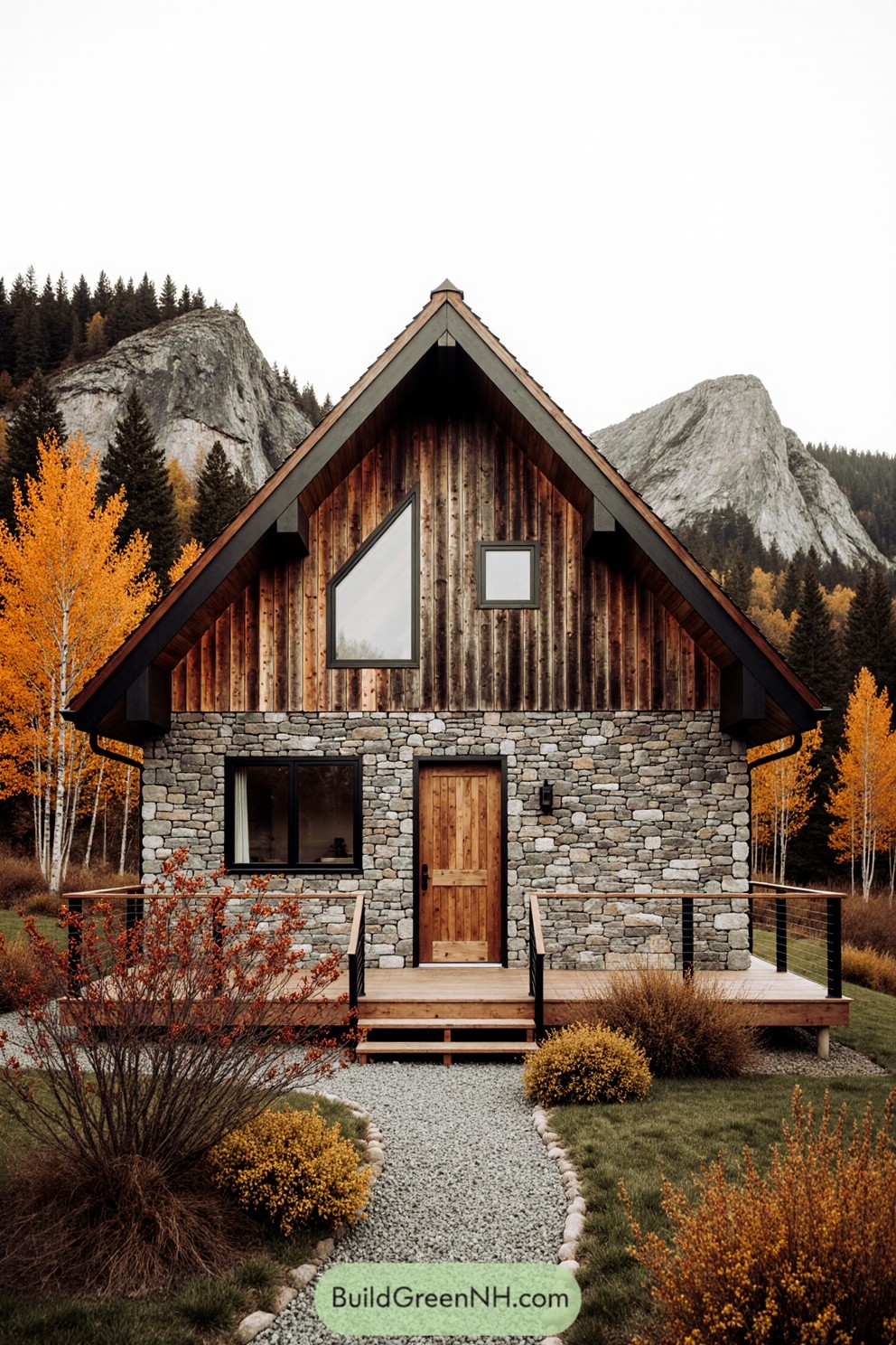 Stone cabin with wooden accents surrounded by autumn foliage