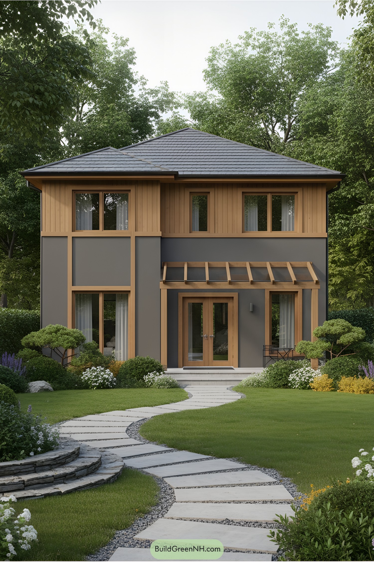 Modern two-story house with wooden accents and a lush garden