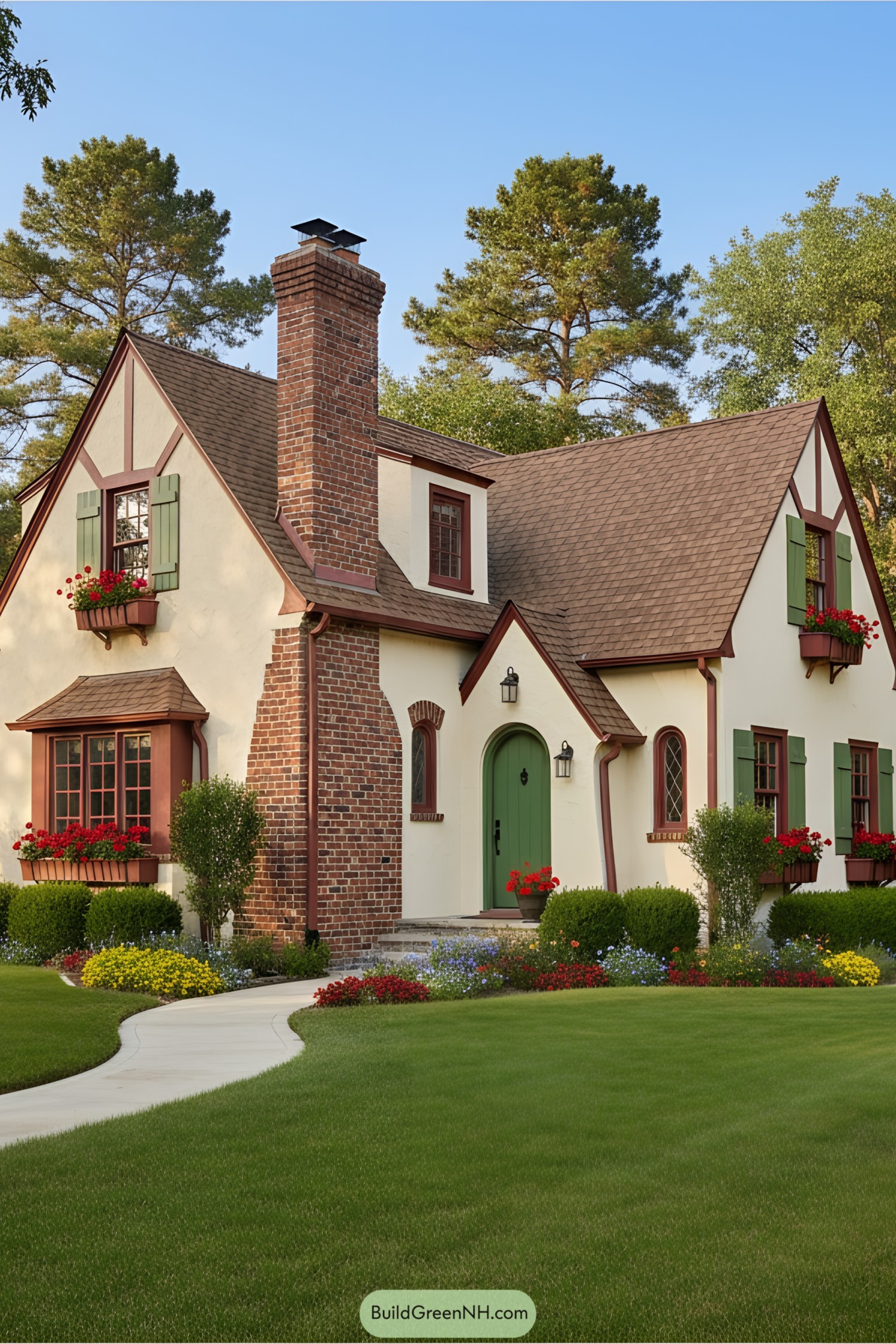 Charming Tudor-style house with red flowers and green shutters
