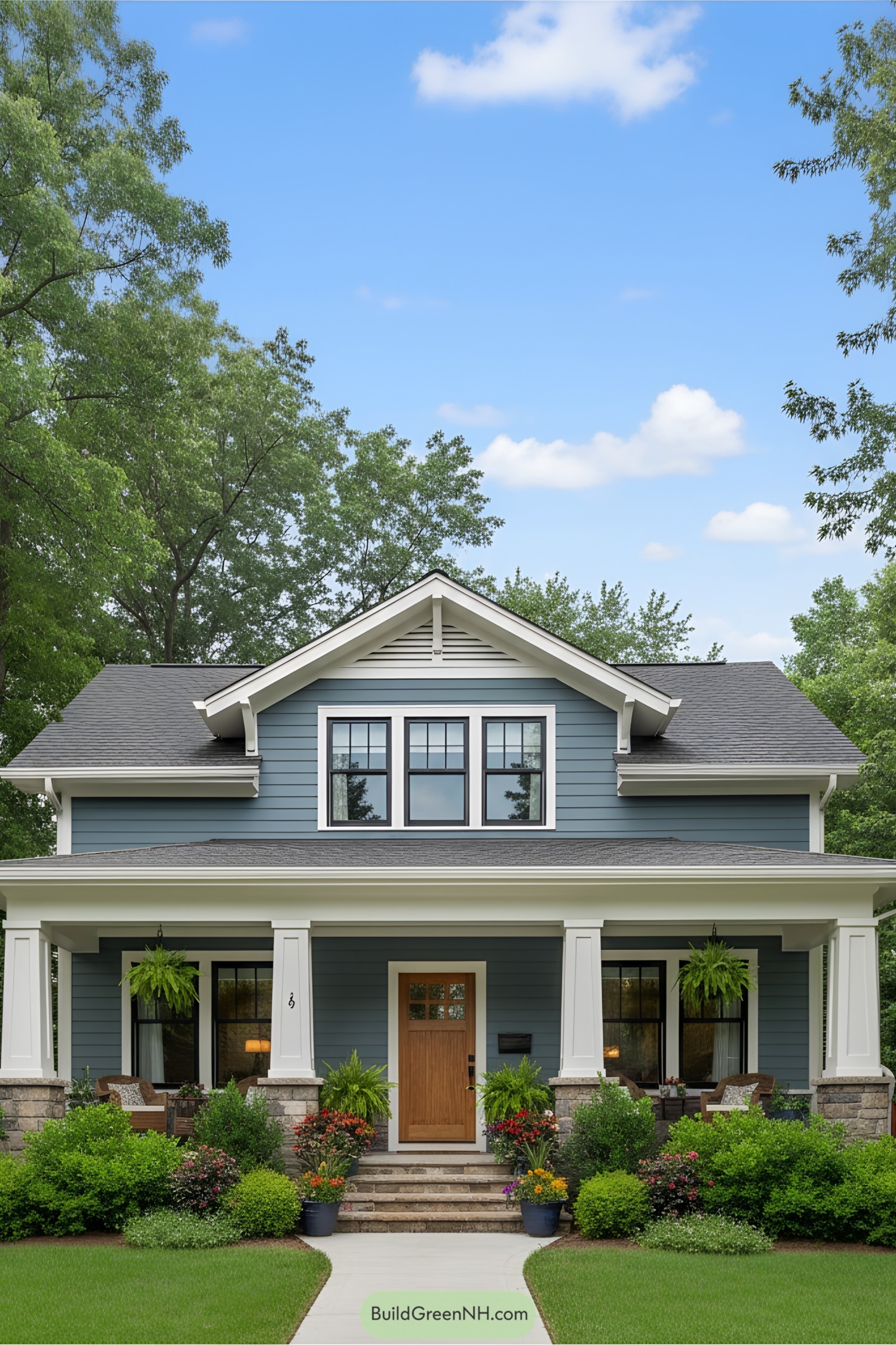 A charming blue house with a welcoming porch