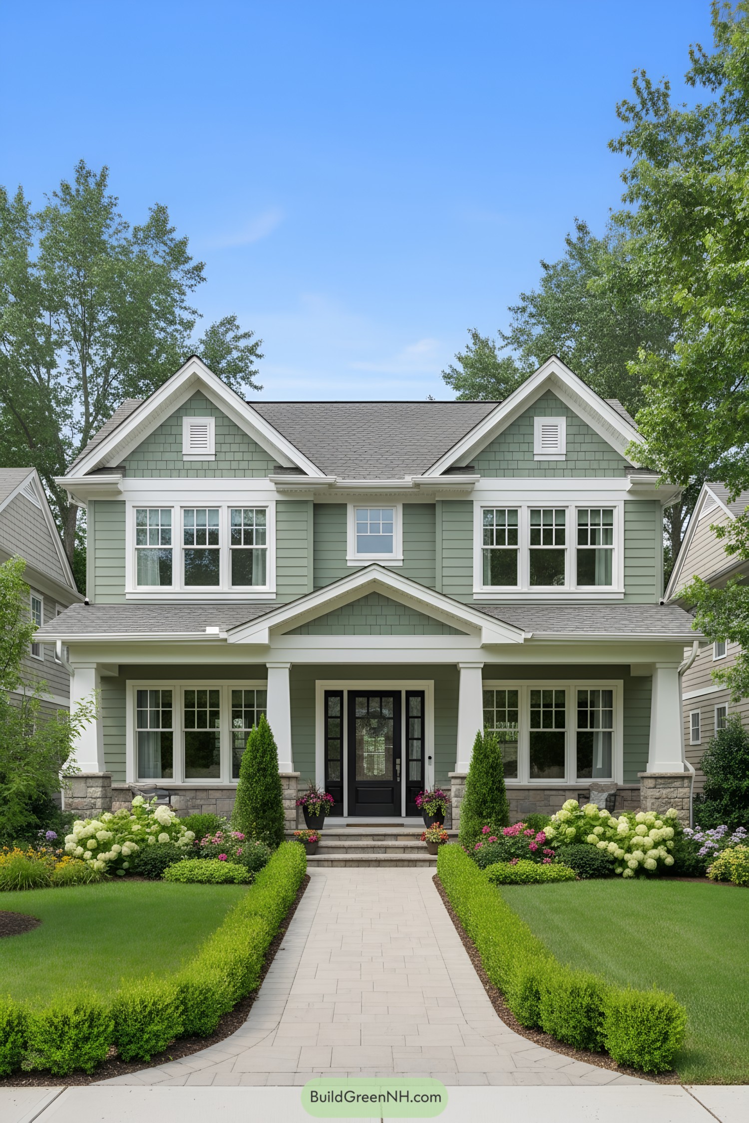 Green suburban house with a manicured lawn and flowers
