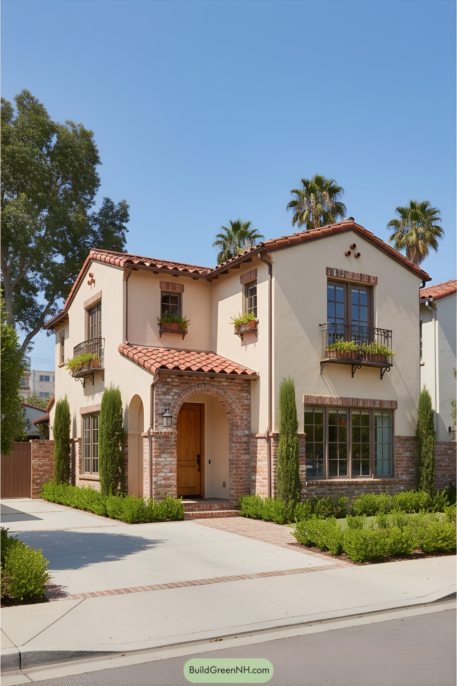 Charming suburban house with red tile roof and arches