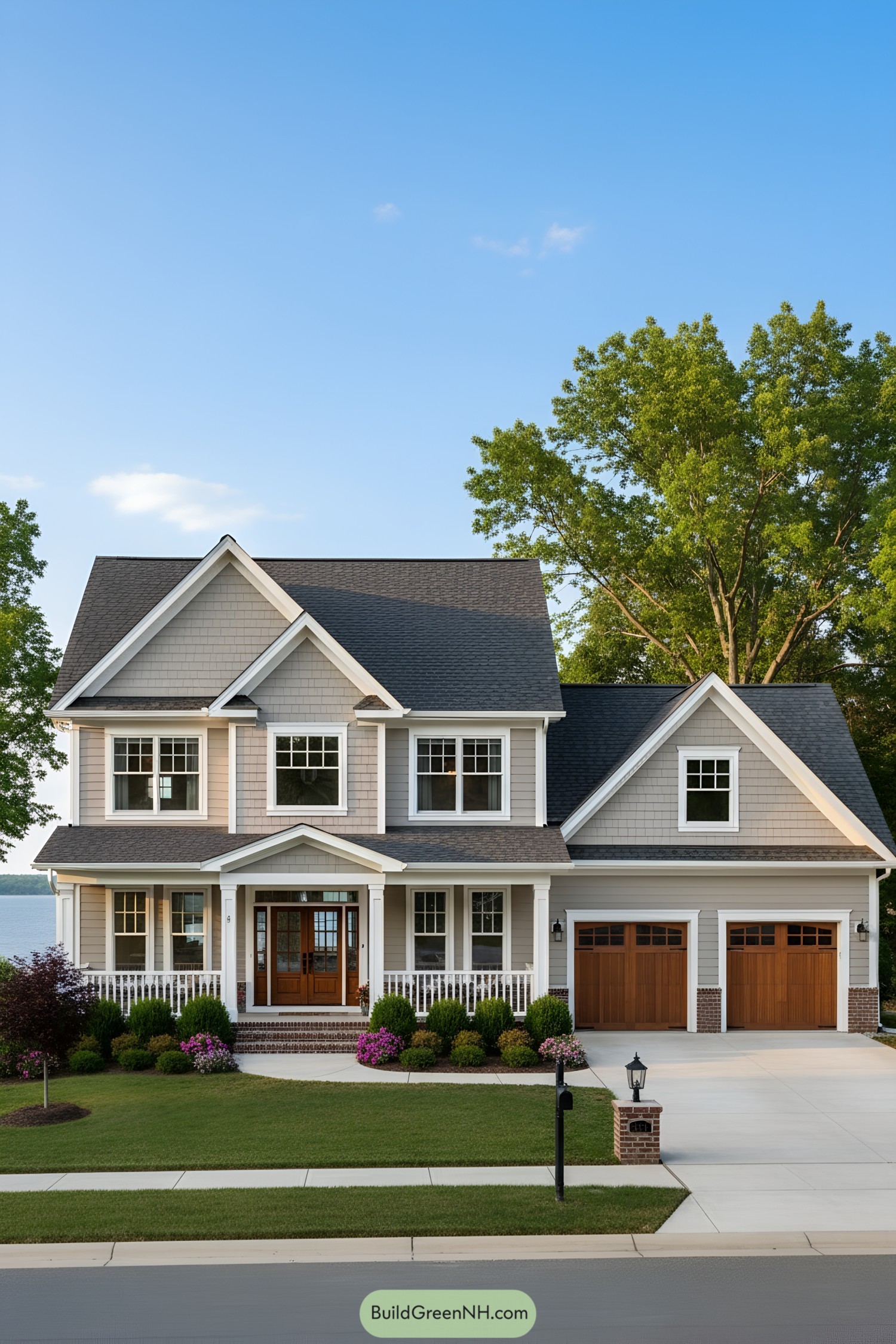 Charming two-story house with a front porch and large windows