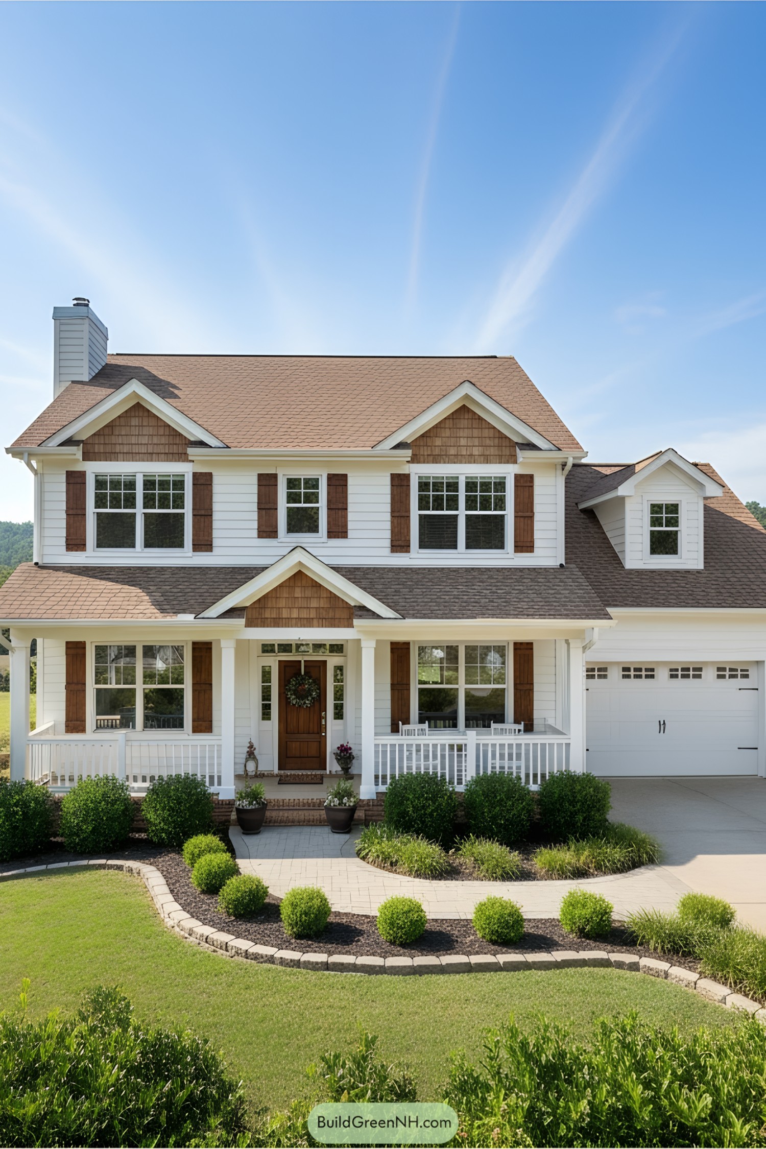 Front of a white suburban house with brown shutters and a neat lawn