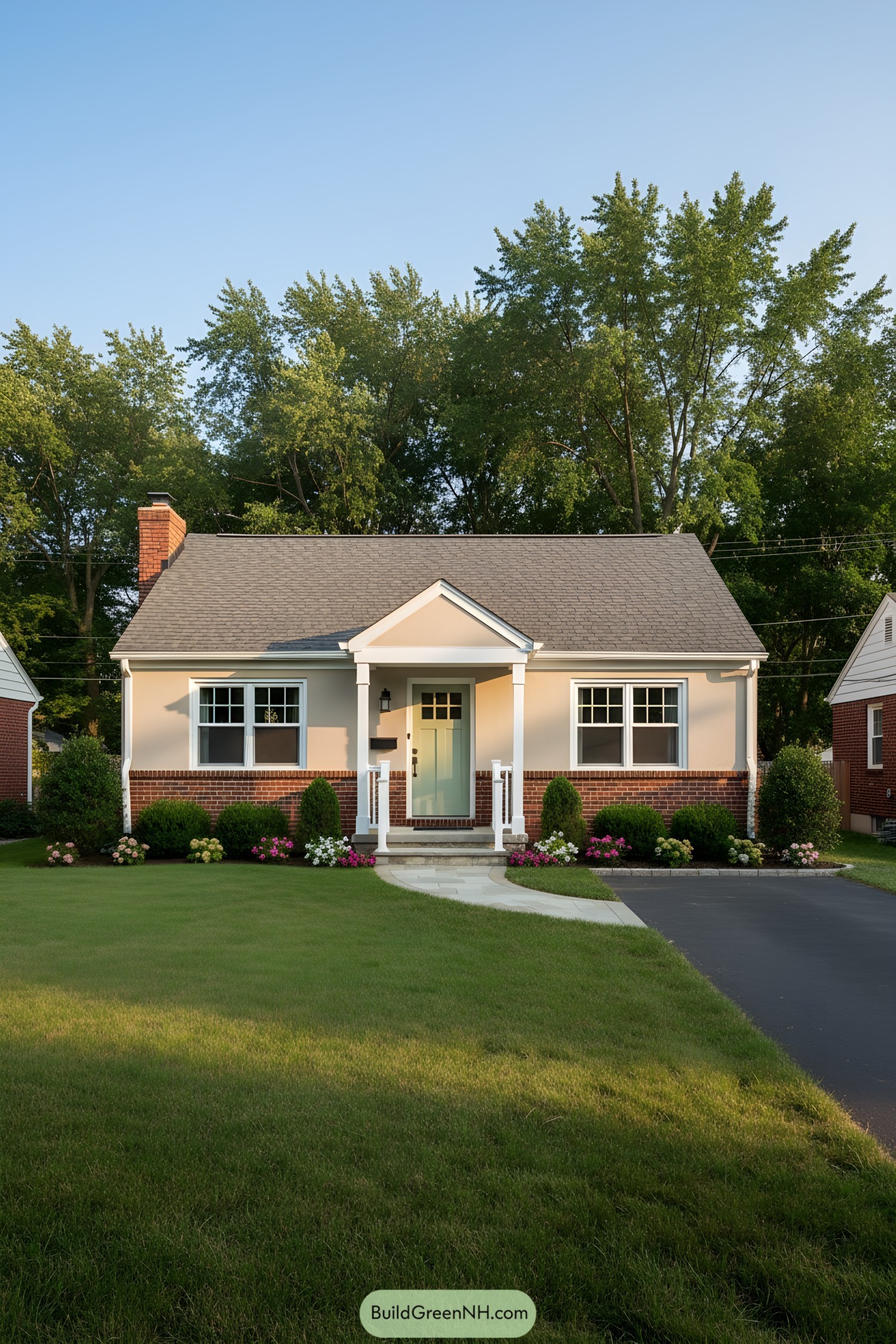 Small suburban house with neat lawn and flower beds