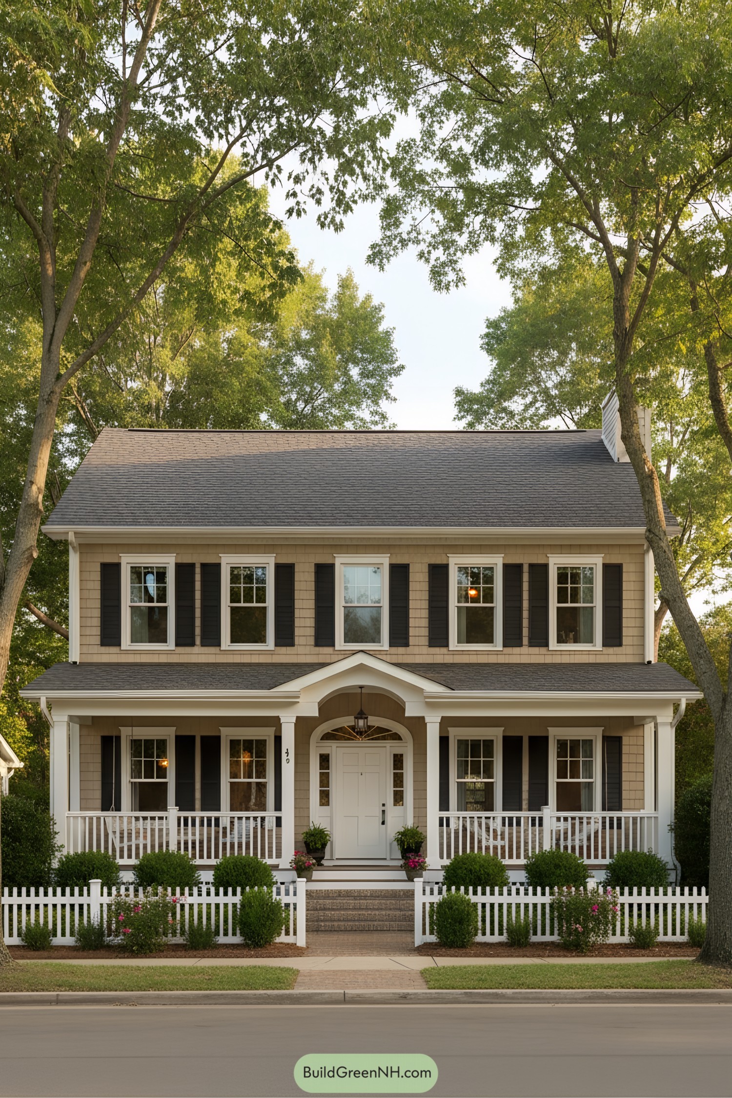 Two-story suburban home with dark shutters and lush greenery