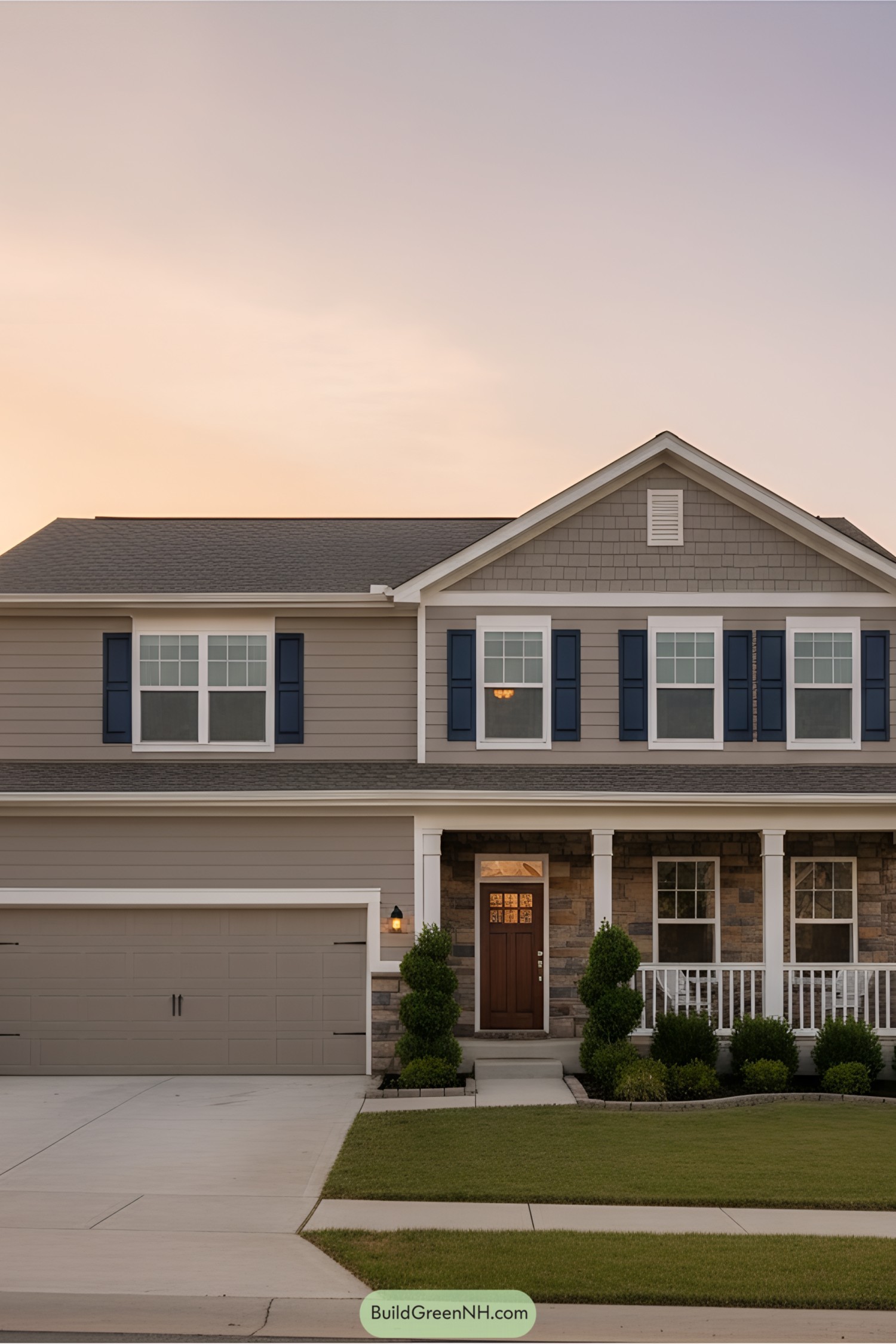 Suburban home with porch and blue shutters