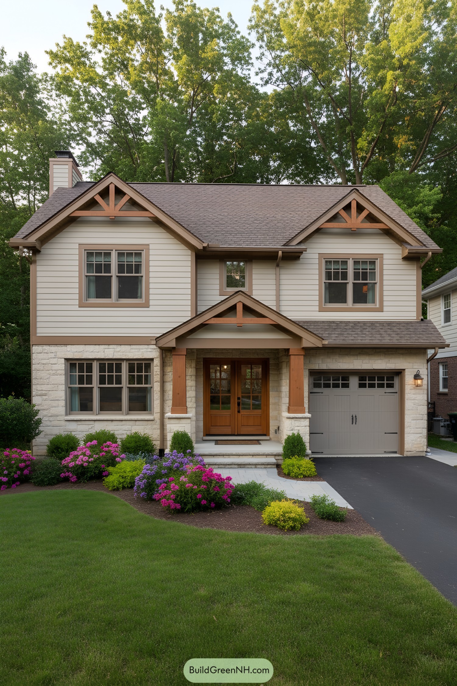 Charming suburban house with lush lawn and bright flowers