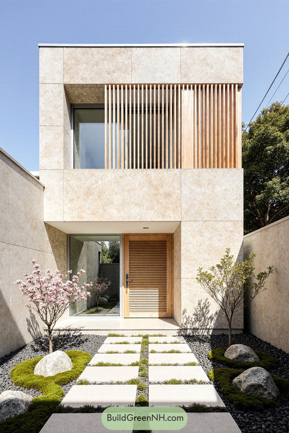 Modern house with timber slats and stone facade