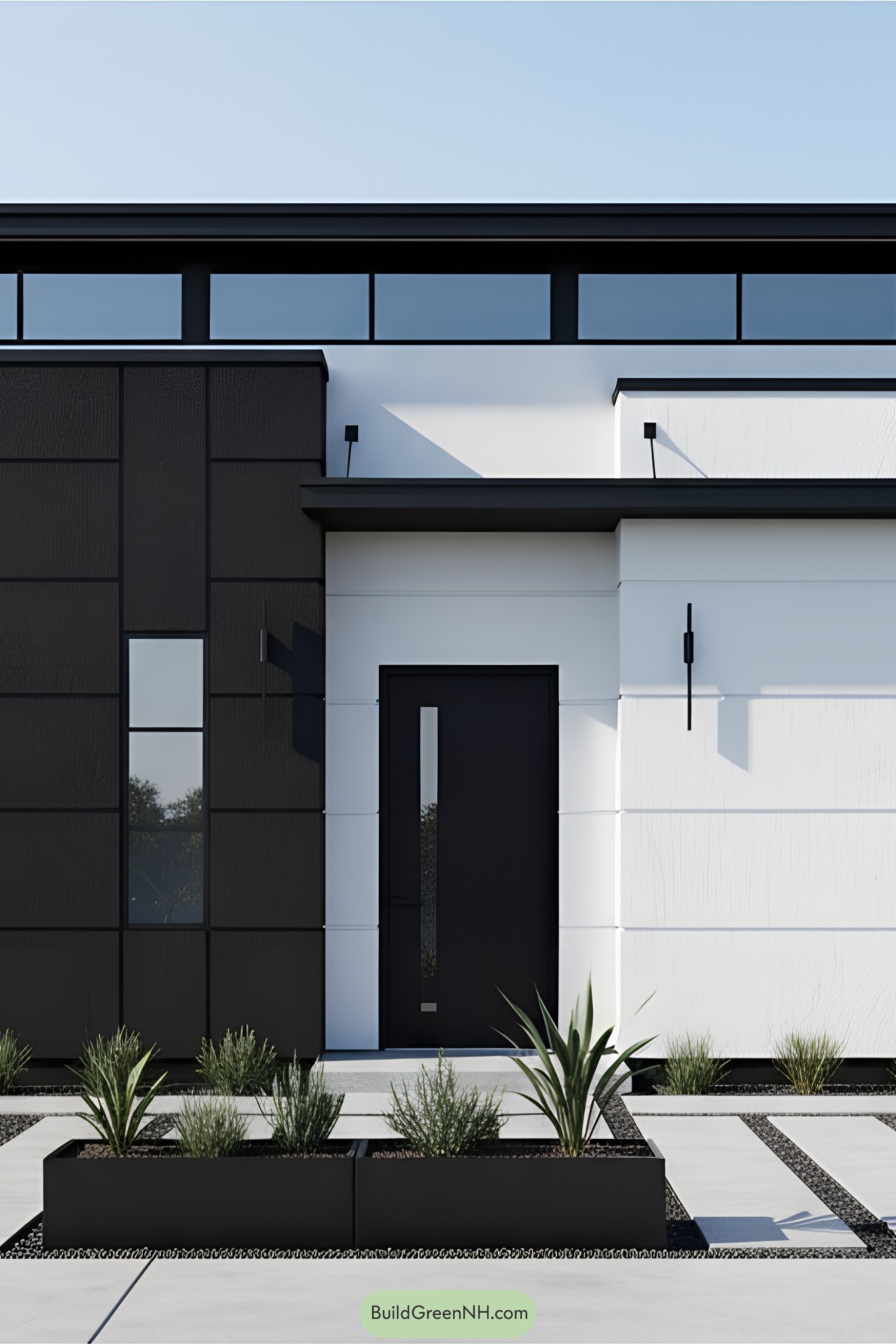 Modern single-level home exterior with black and white contrasting design