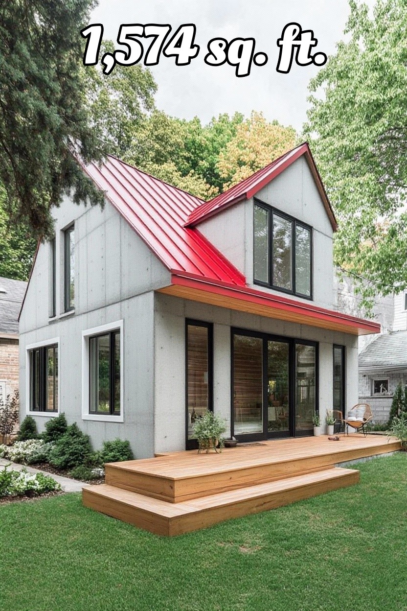 change house siding to concrete with red metal roof