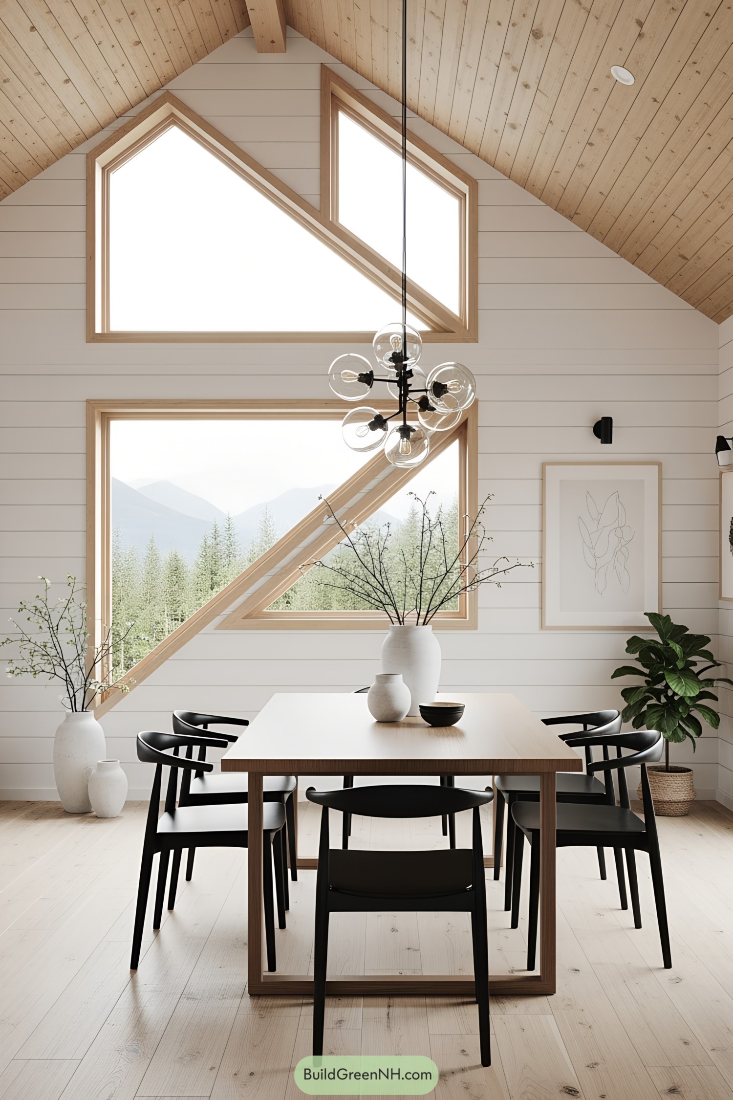 Airy dining area with geometric windows and minimalist decor
