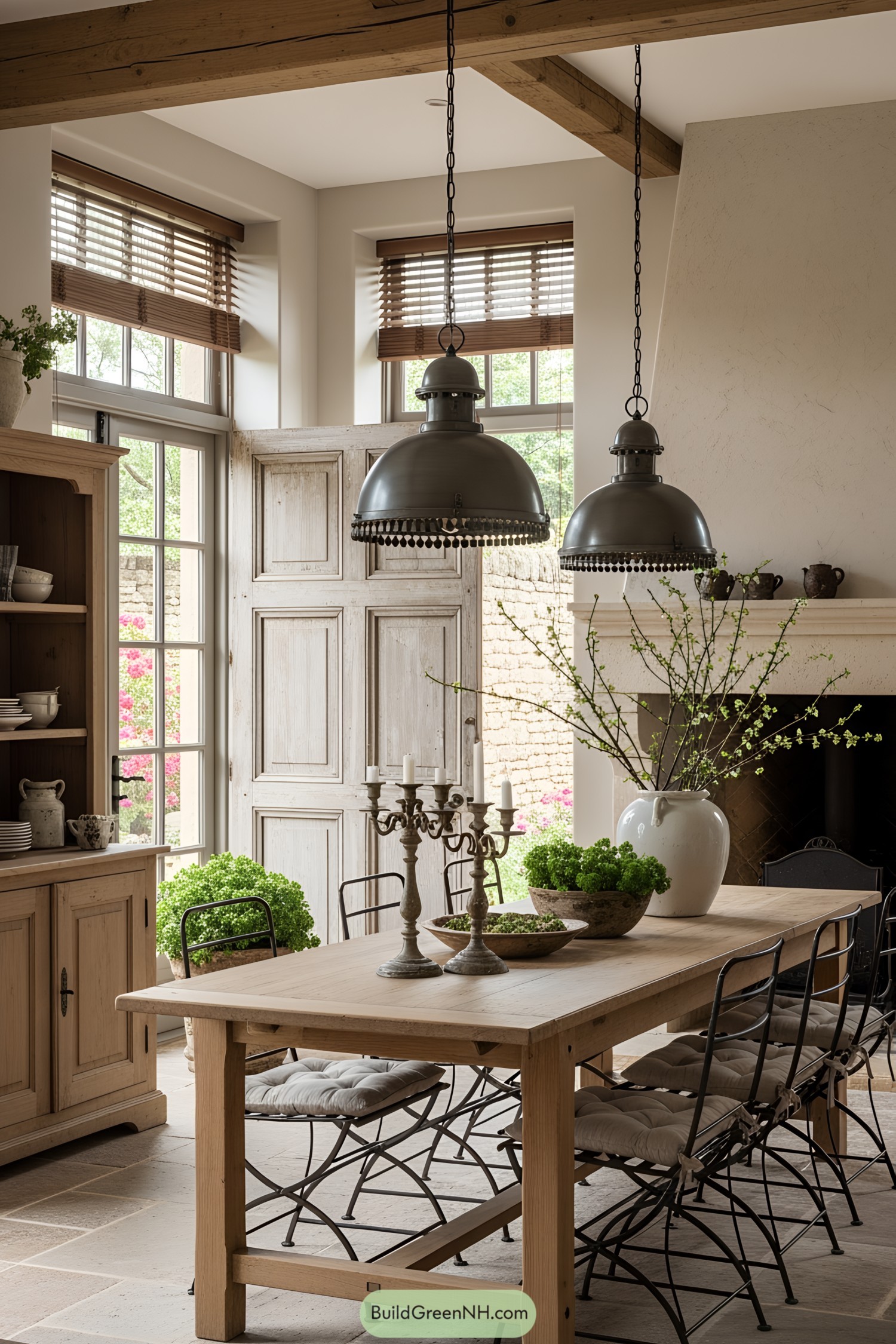 French cottage dining room with wooden furniture and cozy decor