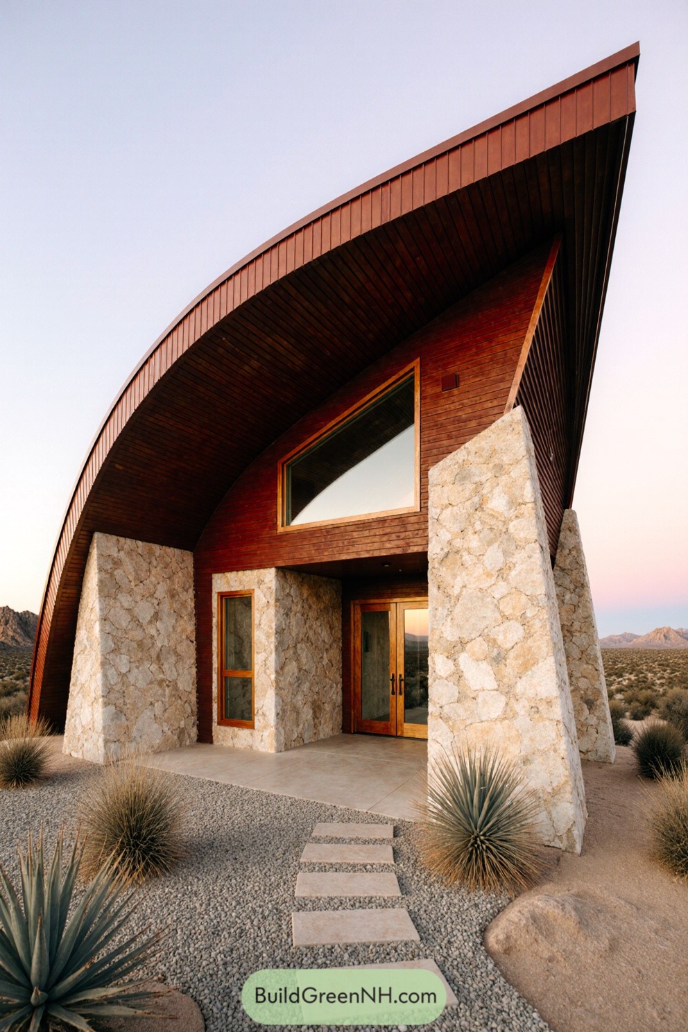 Modern house with curvy timber roof and stone façade against desert landscape