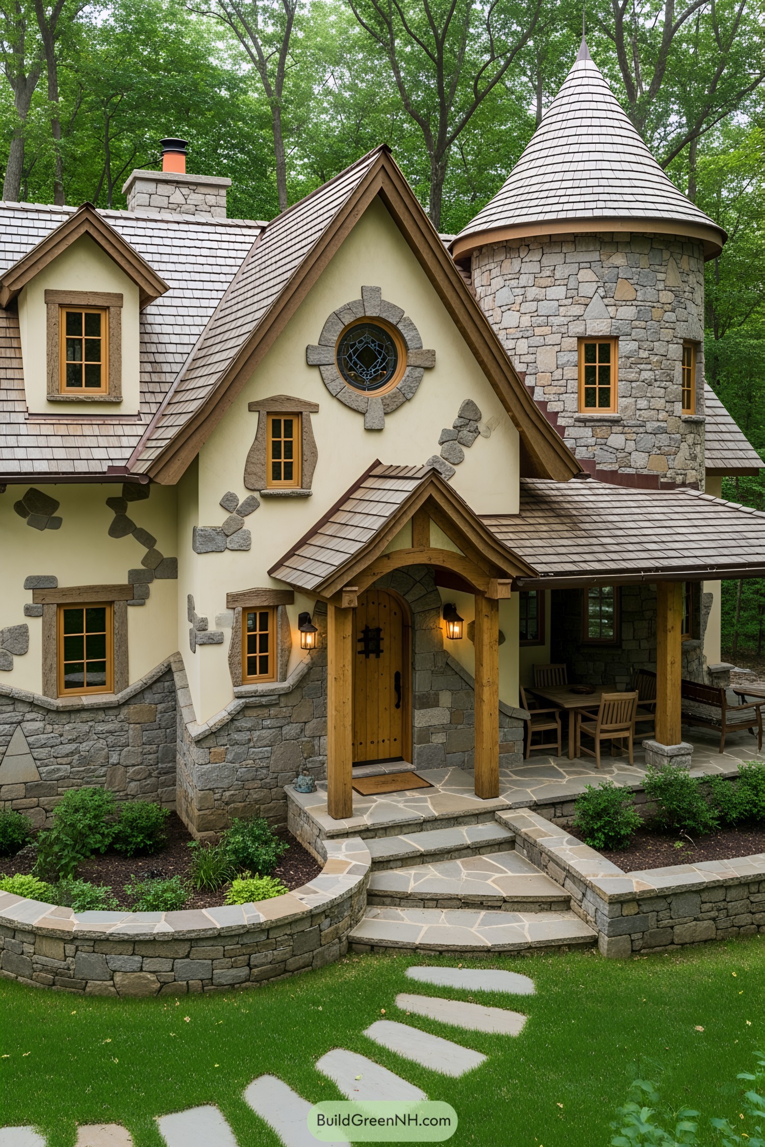 Fairytale-style stone cottage with a turret in a forest