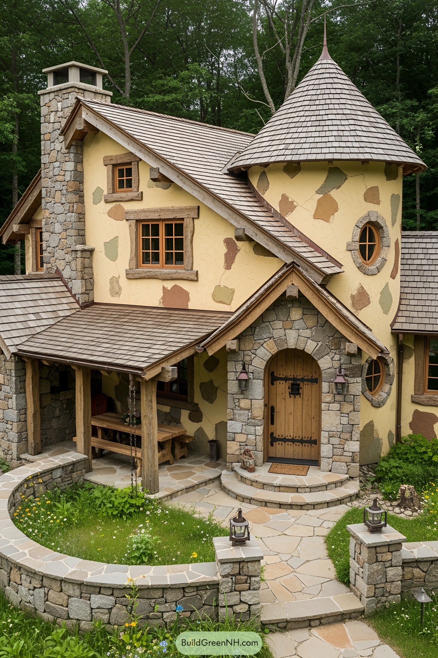 Quaint fairytale cottage with a round turret and stone walls