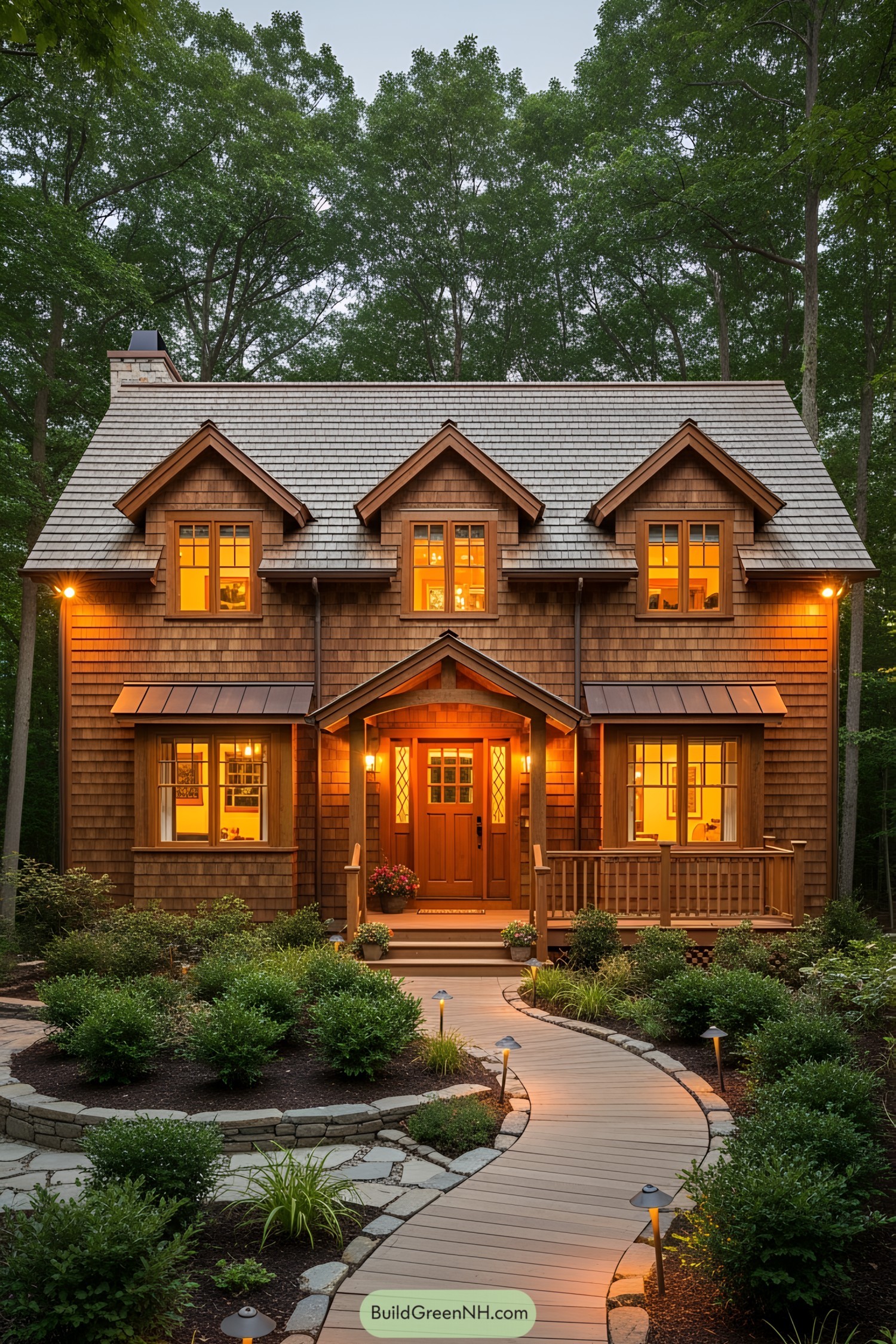 Cute cottage house with glowing windows nestled in the woods