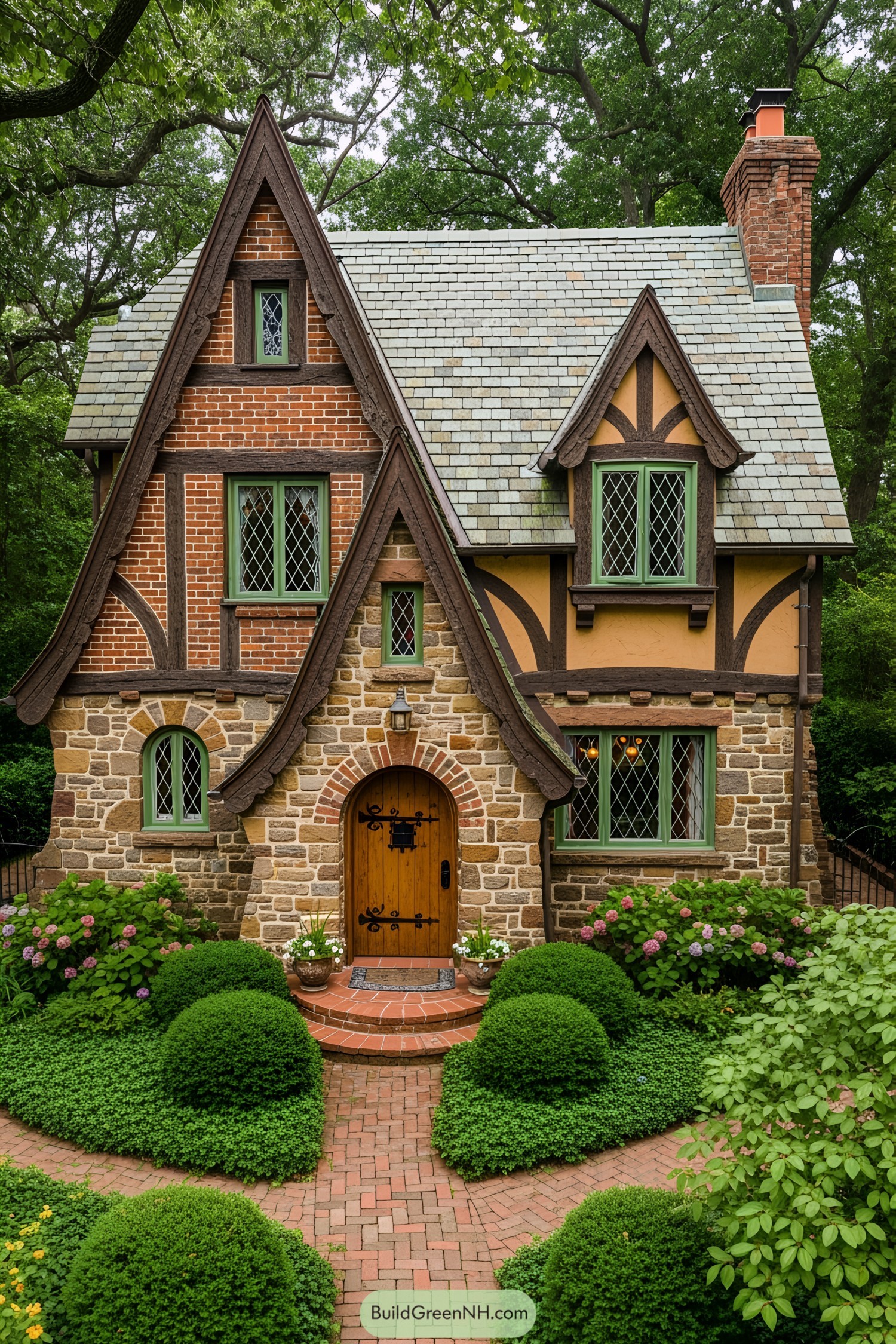Charming cottage with steep gables and brickwork