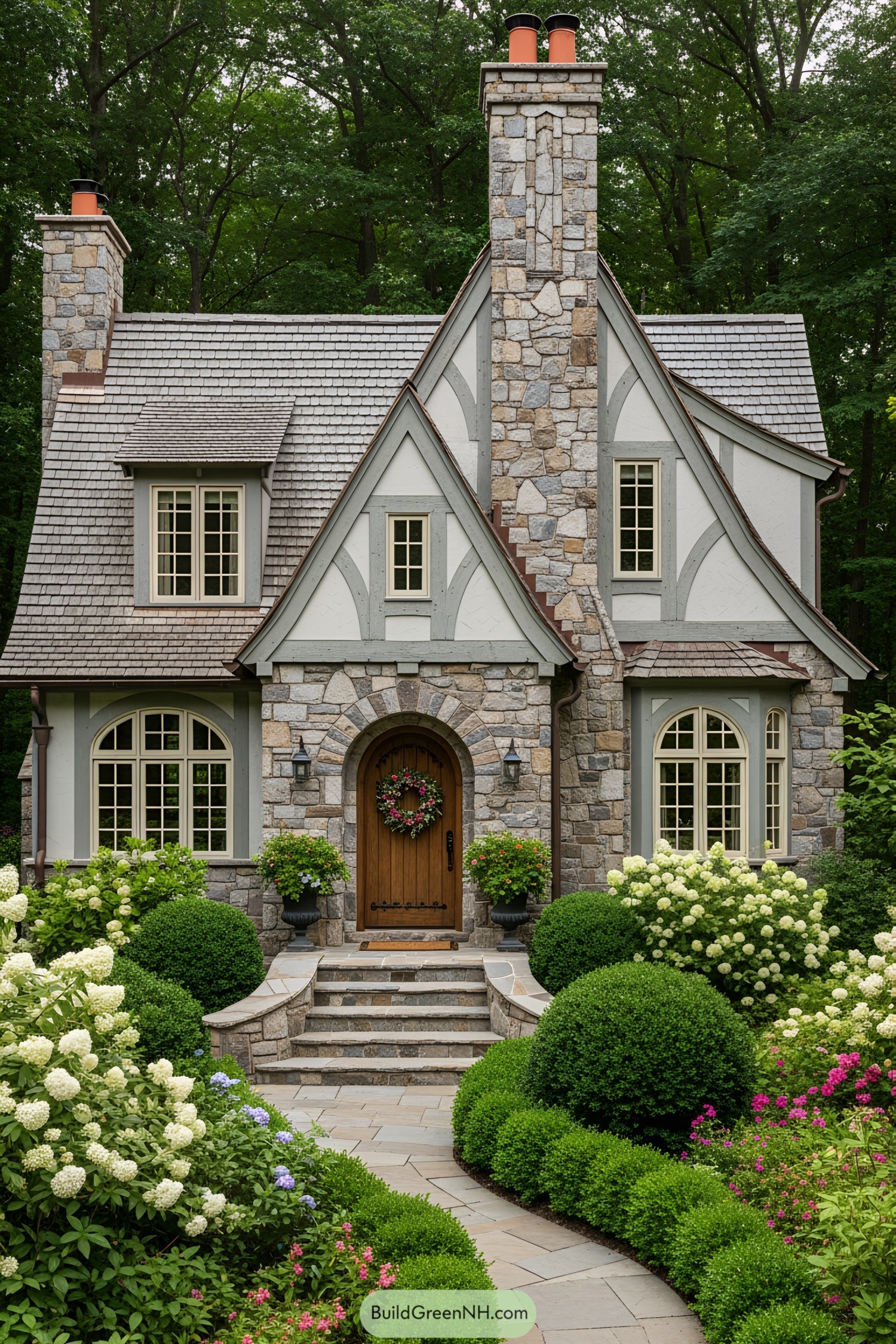 Charming stone cottage surrounded by lush greenery