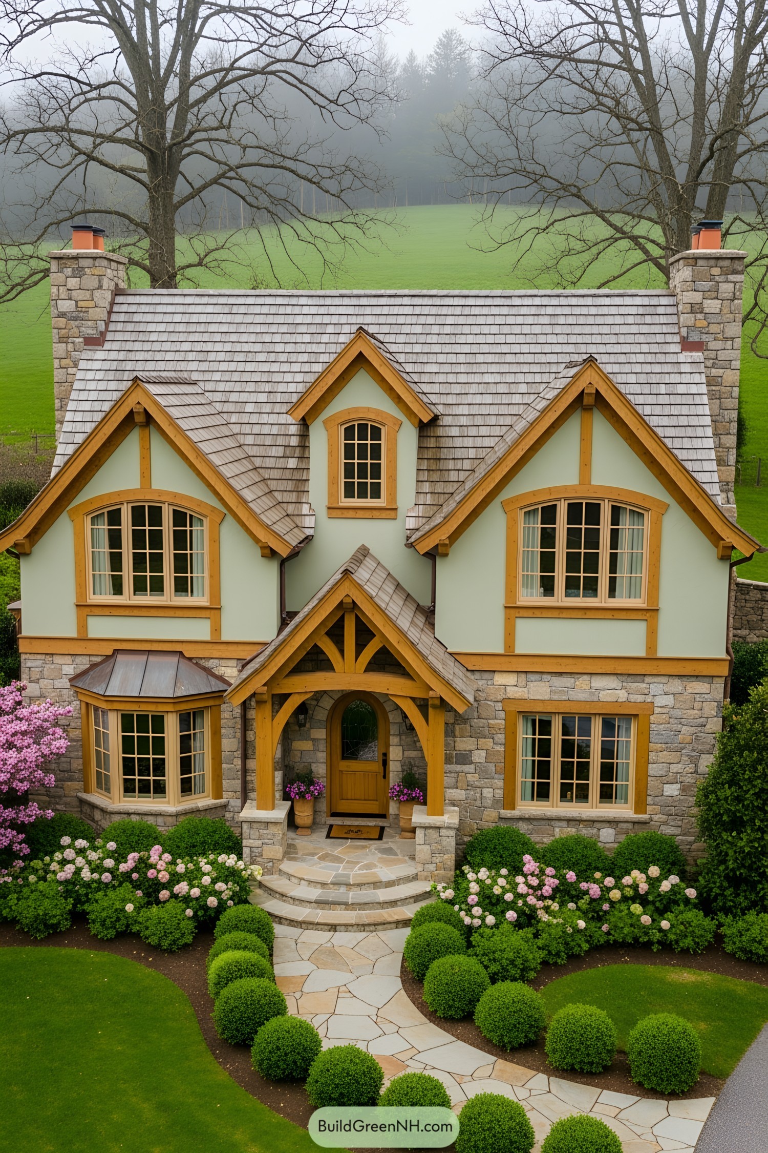 Charming fairytale cottage with intricate woodwork and lush garden