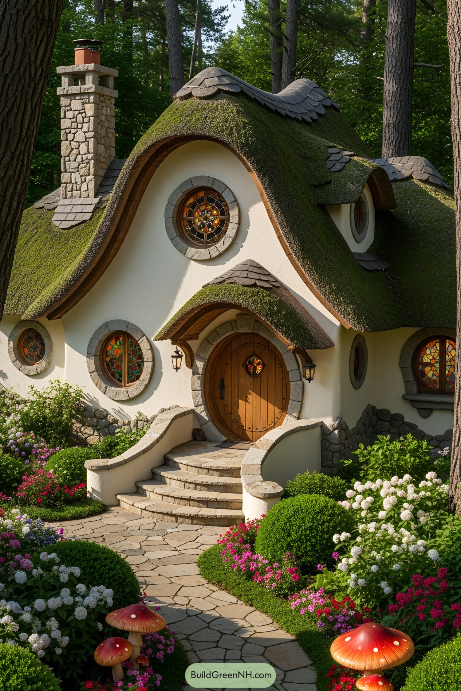 Whimsical cottage with round windows and lush garden