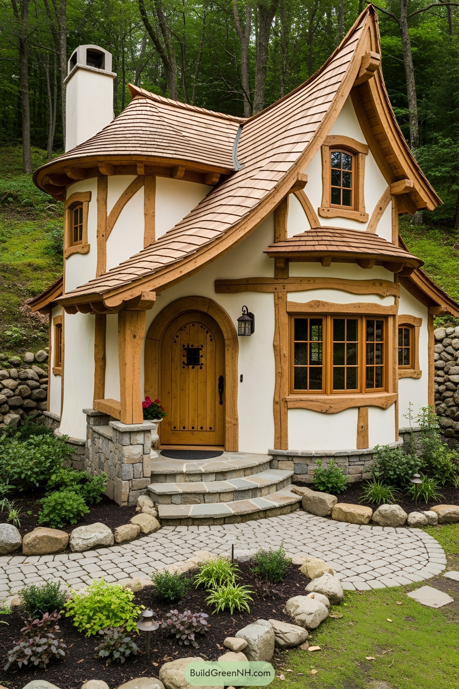 Charming cottage with a curved roof and wooden details