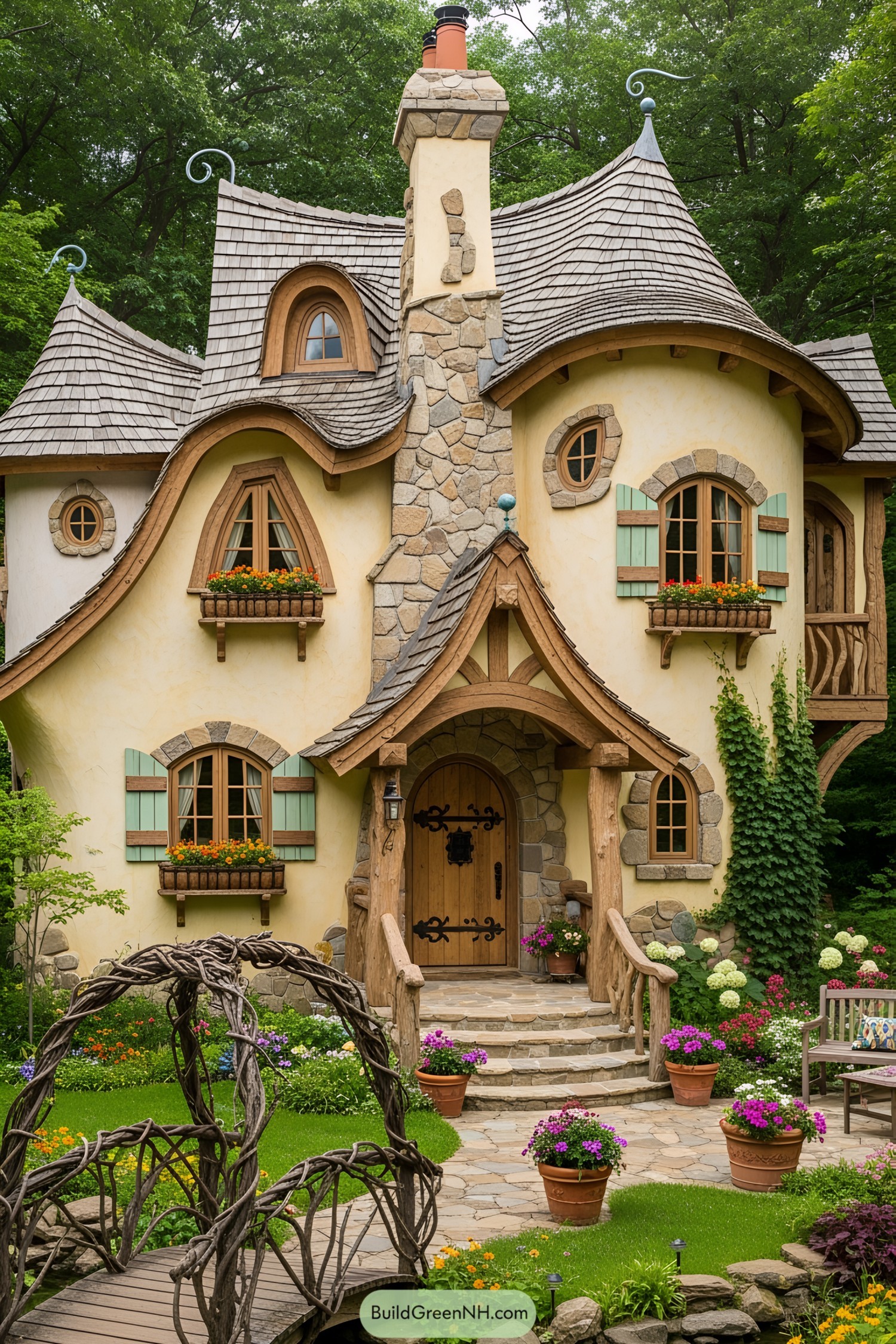 Charming storybook cottage with whimsical roof and stone chimney