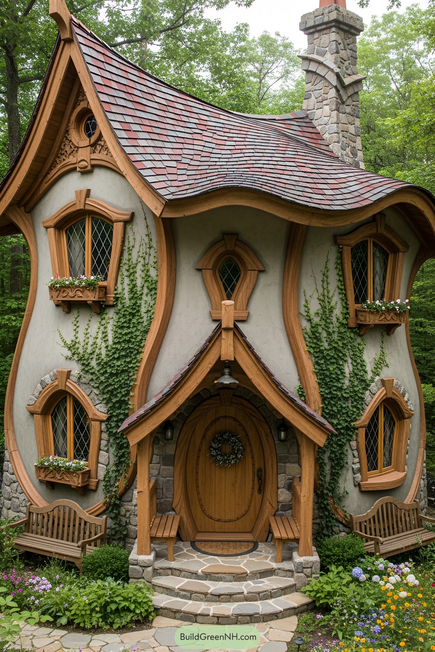 Charming cottage with whimsical architecture and climbing ivy