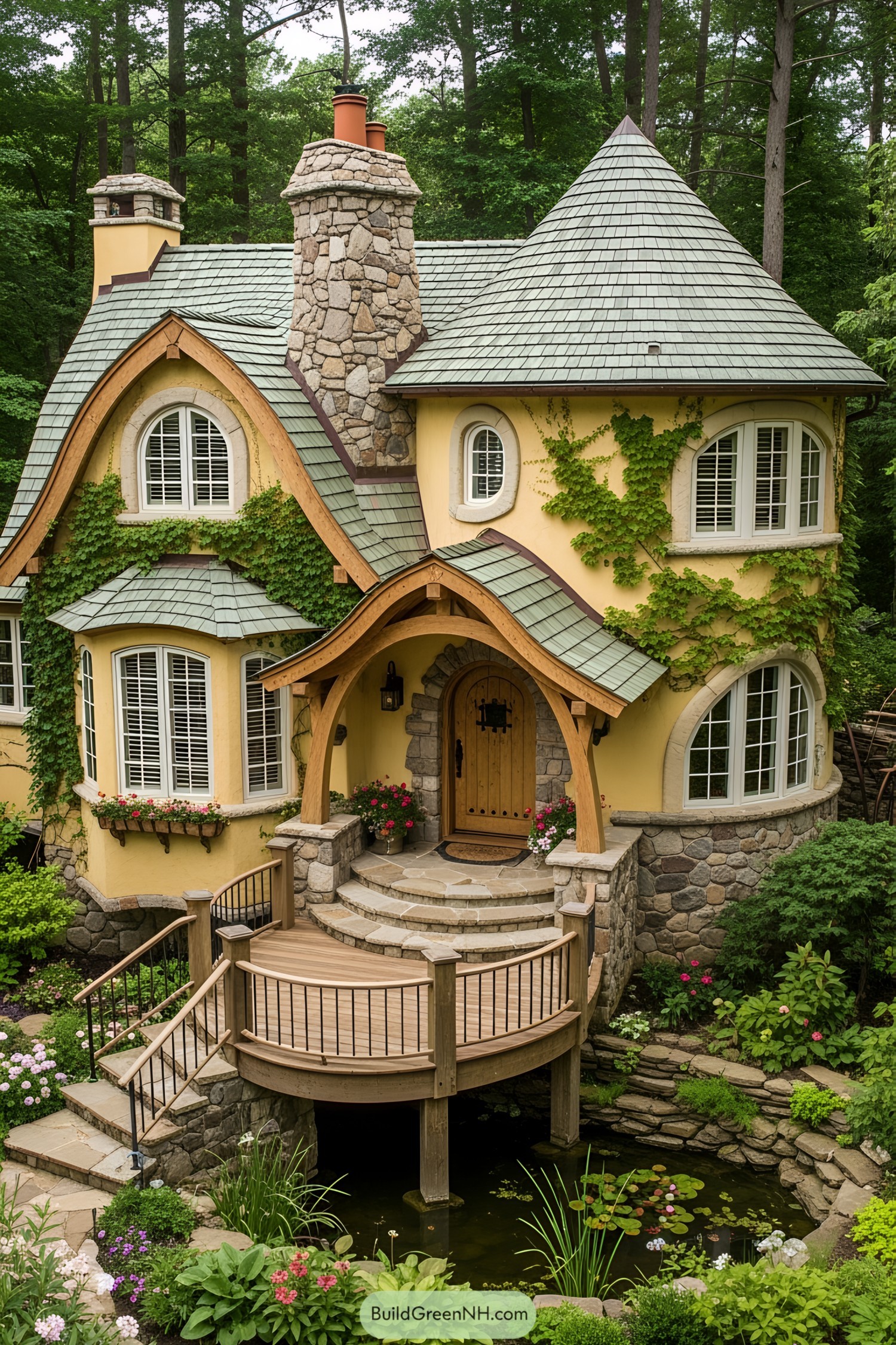 Charming cottage with arched doorway, ivy-clad walls, and whimsical windows