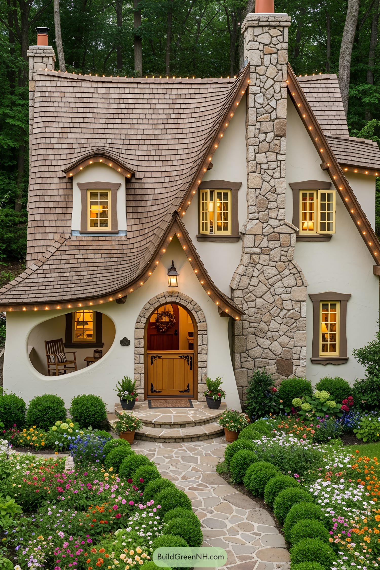 Quaint fairytale cottage with stone chimney