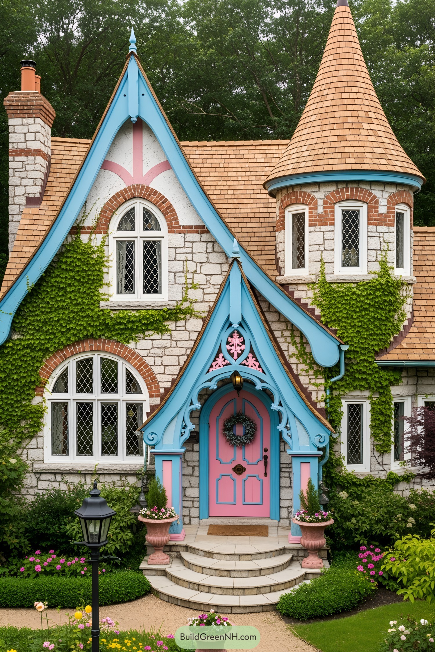Colorful fairytale house with blue and pink details, surrounded by greenery