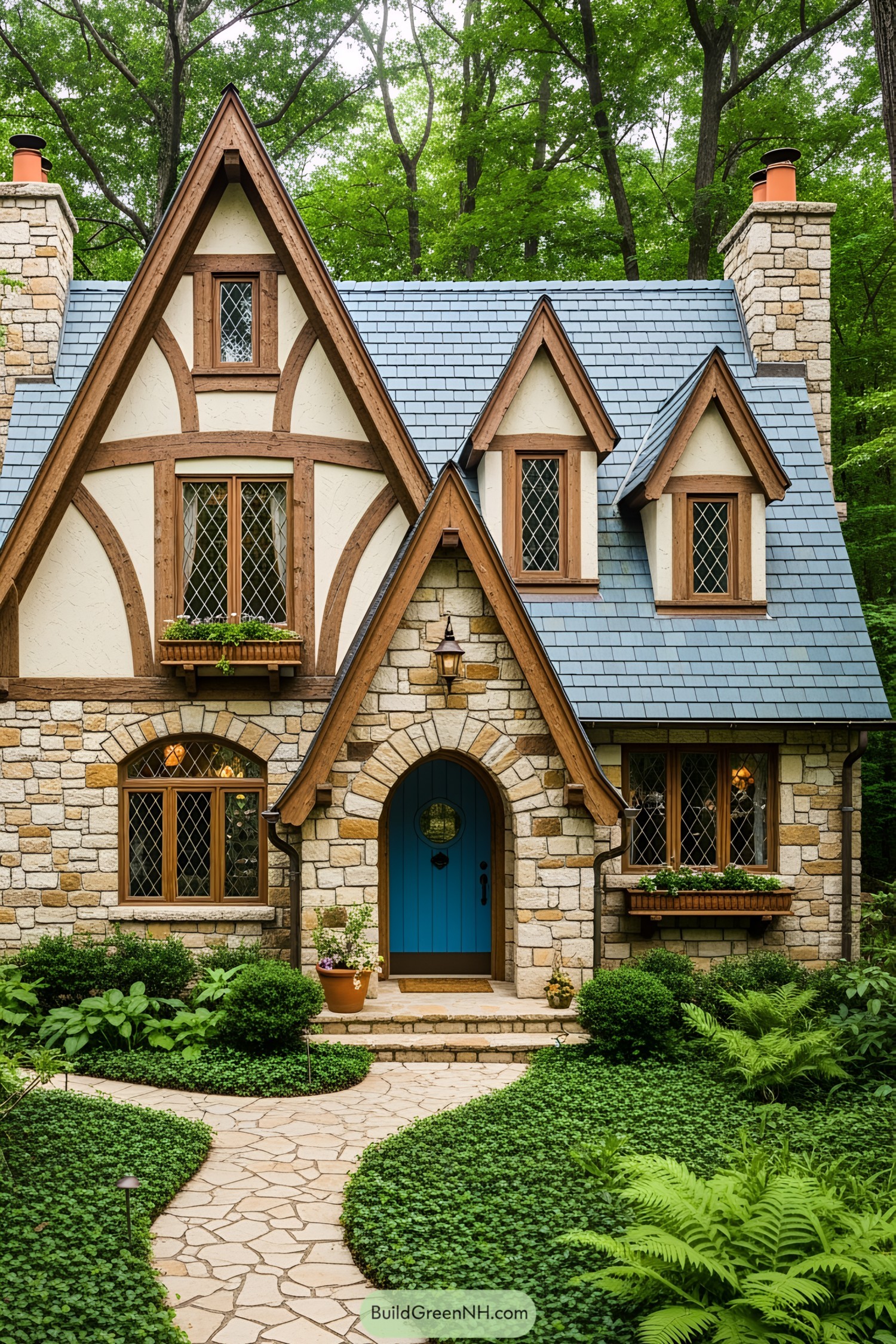 Charming cottage with arched blue door and lush garden