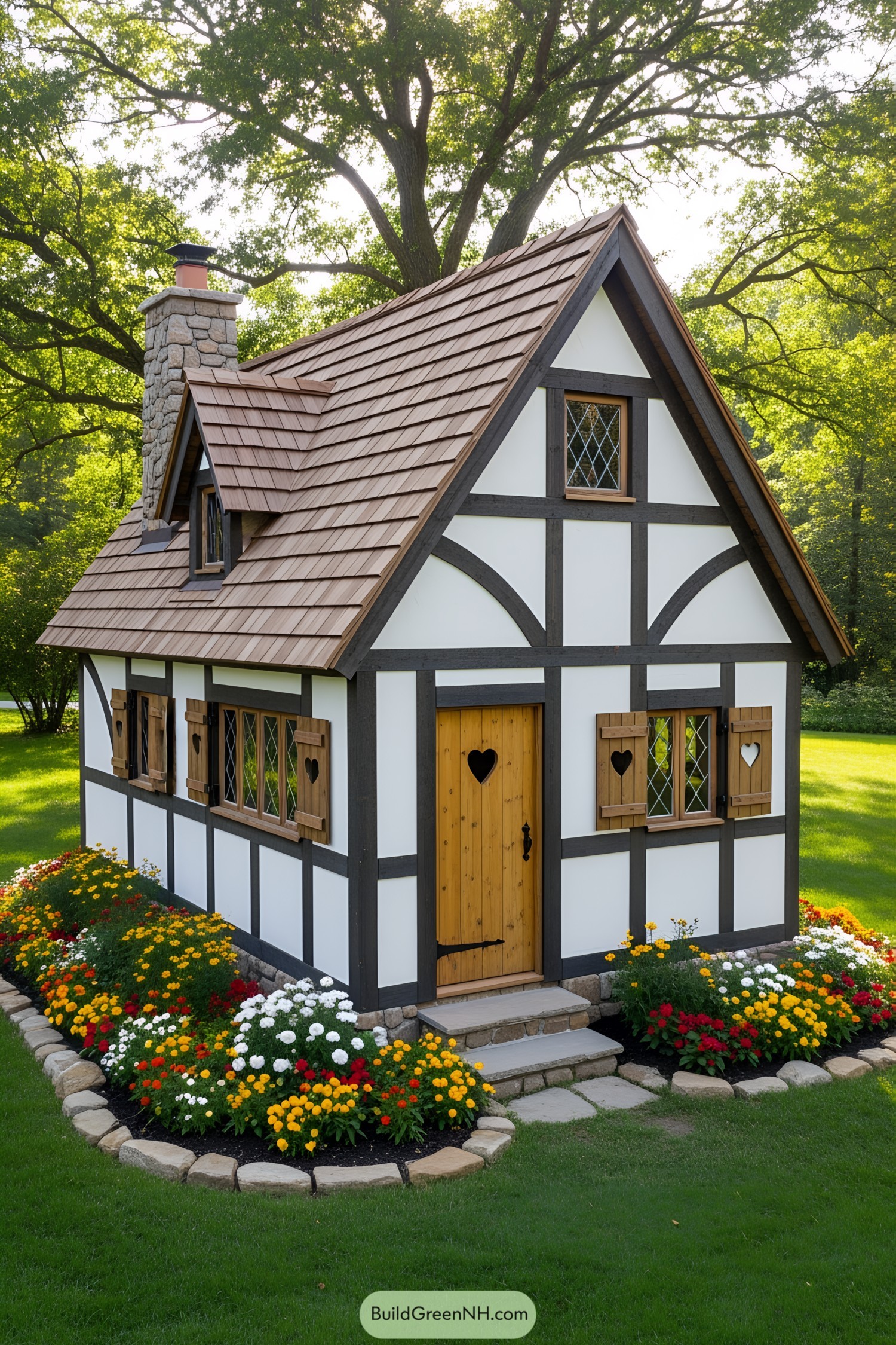 Charming cottage with heart-shaped details surrounded by colorful flowers
