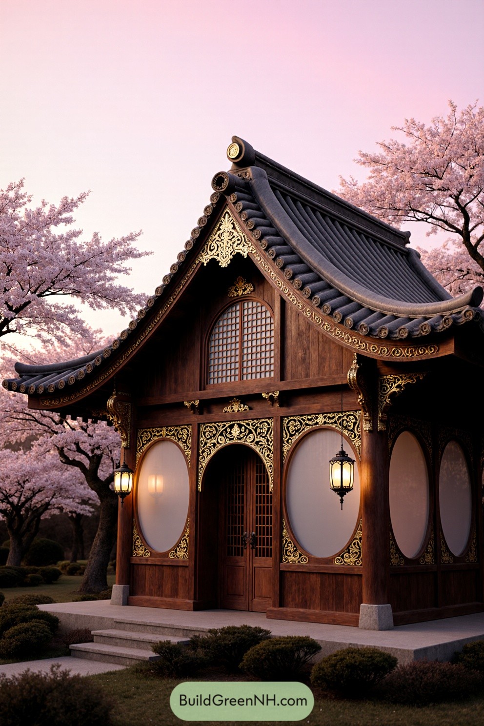 Elegant wooden cottage with intricate detailing surrounded by cherry blossoms
