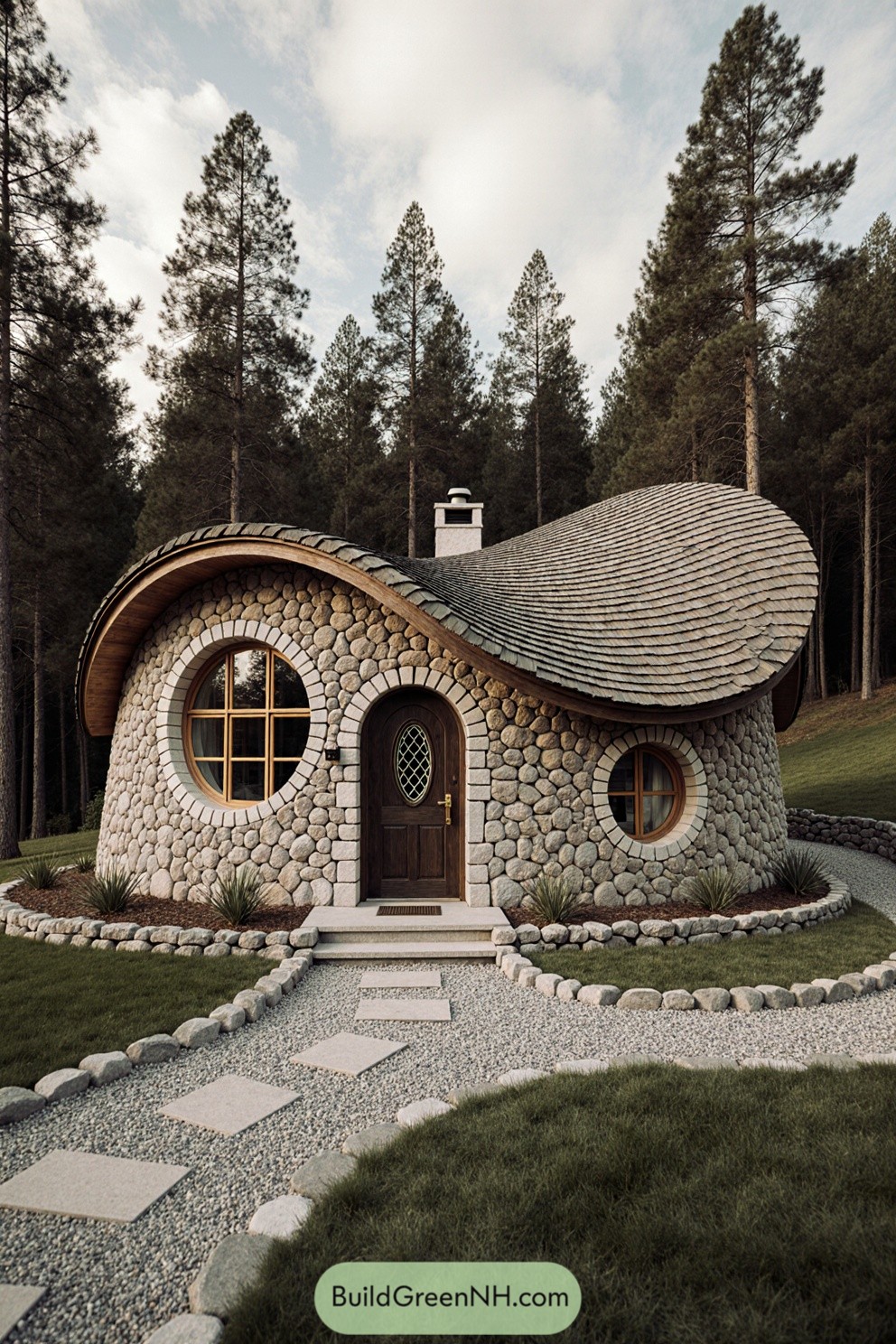 Quaint stone cottage with a curved roof, nestled in tall pines